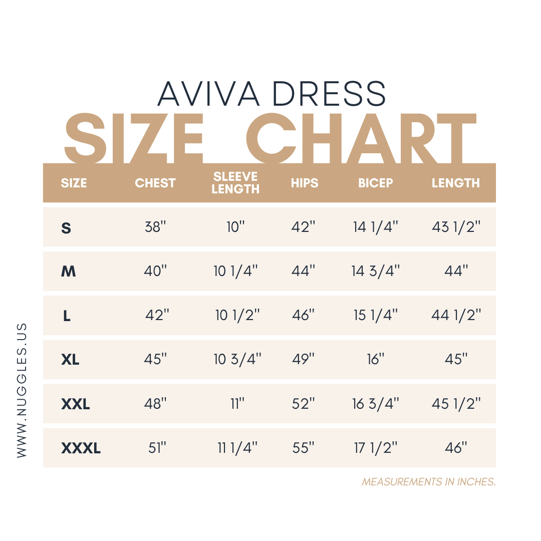 Size chart for Nuggles® Aviva Dress with measurements in inches 