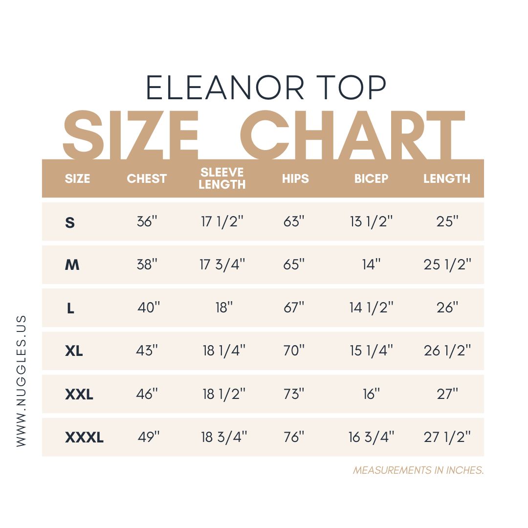 Size chart for Nuggles® Eleanor Top with measurements in inches
