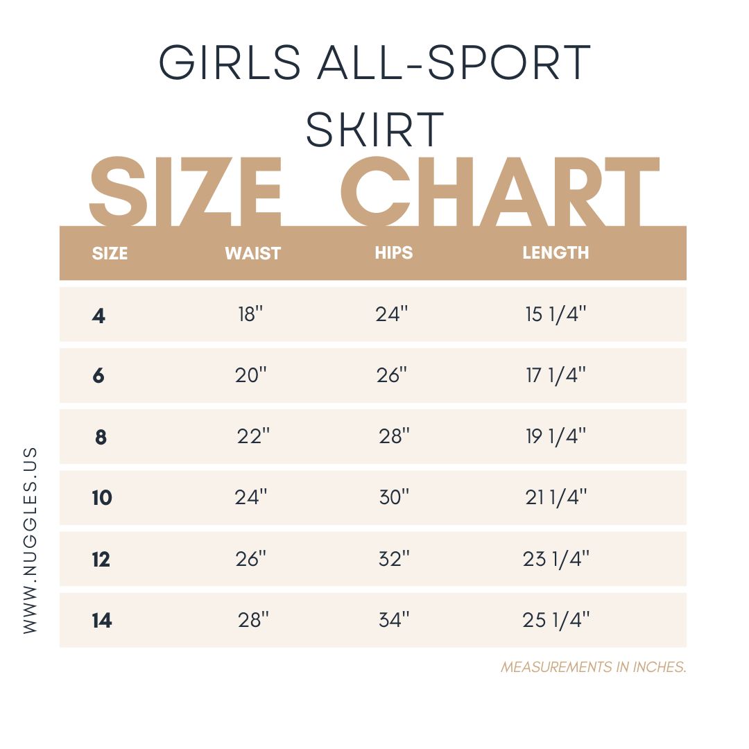 Size chart for Nuggles® Girls All-Sport Skirt with measurements in inches 