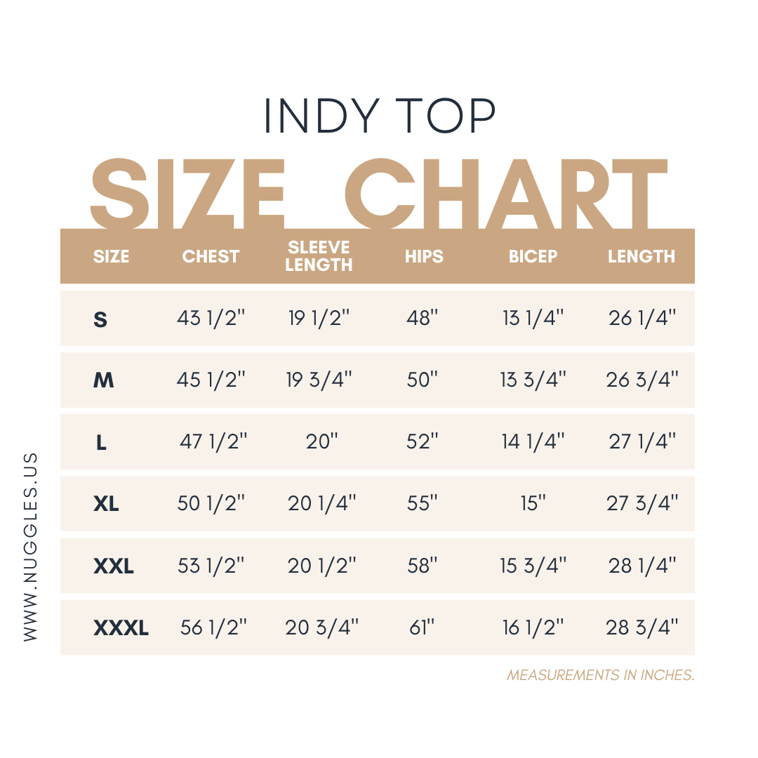 Nuggles®  Indy Top women’s size chart with measurements for accurate fit