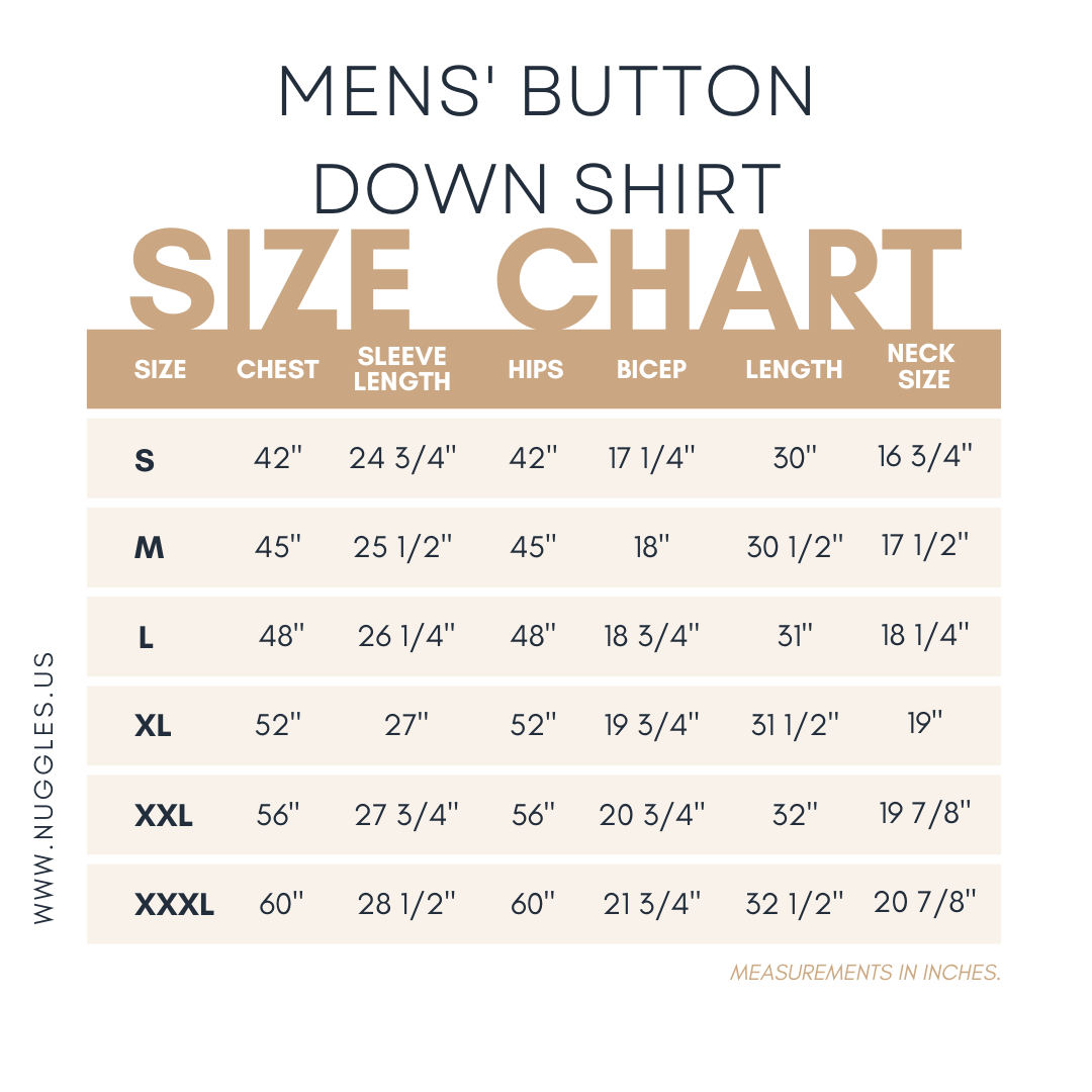 Size chart for Nuggles® Mens' Button Down Shirt with measurements in inches