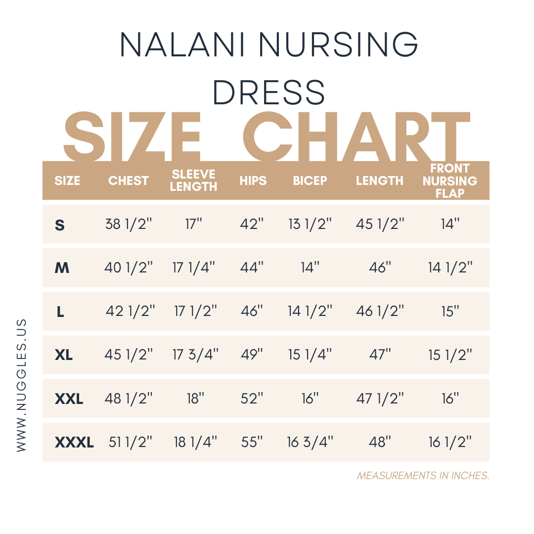 Nuggles® Nalani Nursing Dress size chart with measurements in inches