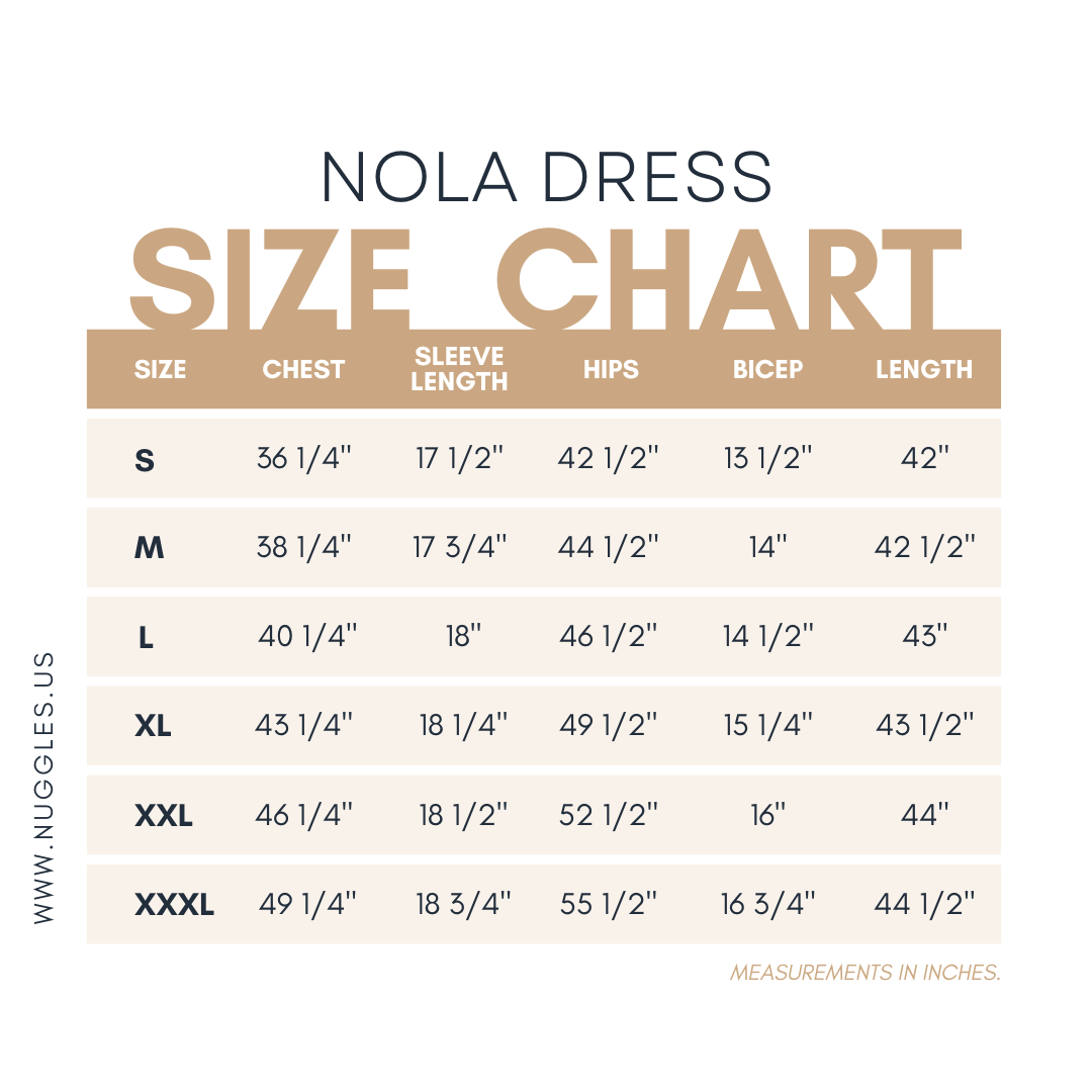 Size chart for the Nuggles® Nola Dress with measurements in inches.