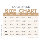 Size chart for the Nuggles® Nola Dress with measurements in inches.