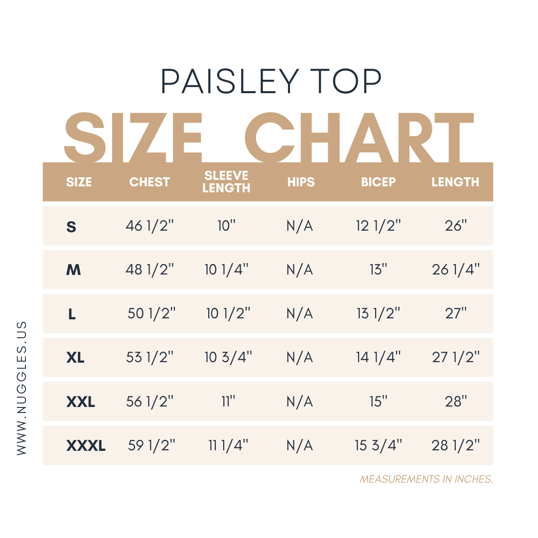 Paisley Top size chart showing bust, waist, and length measurements for modest women's top in sizes S to 3X