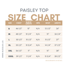 Paisley Top size chart showing bust, waist, and length measurements for modest women's top in sizes S to 3X