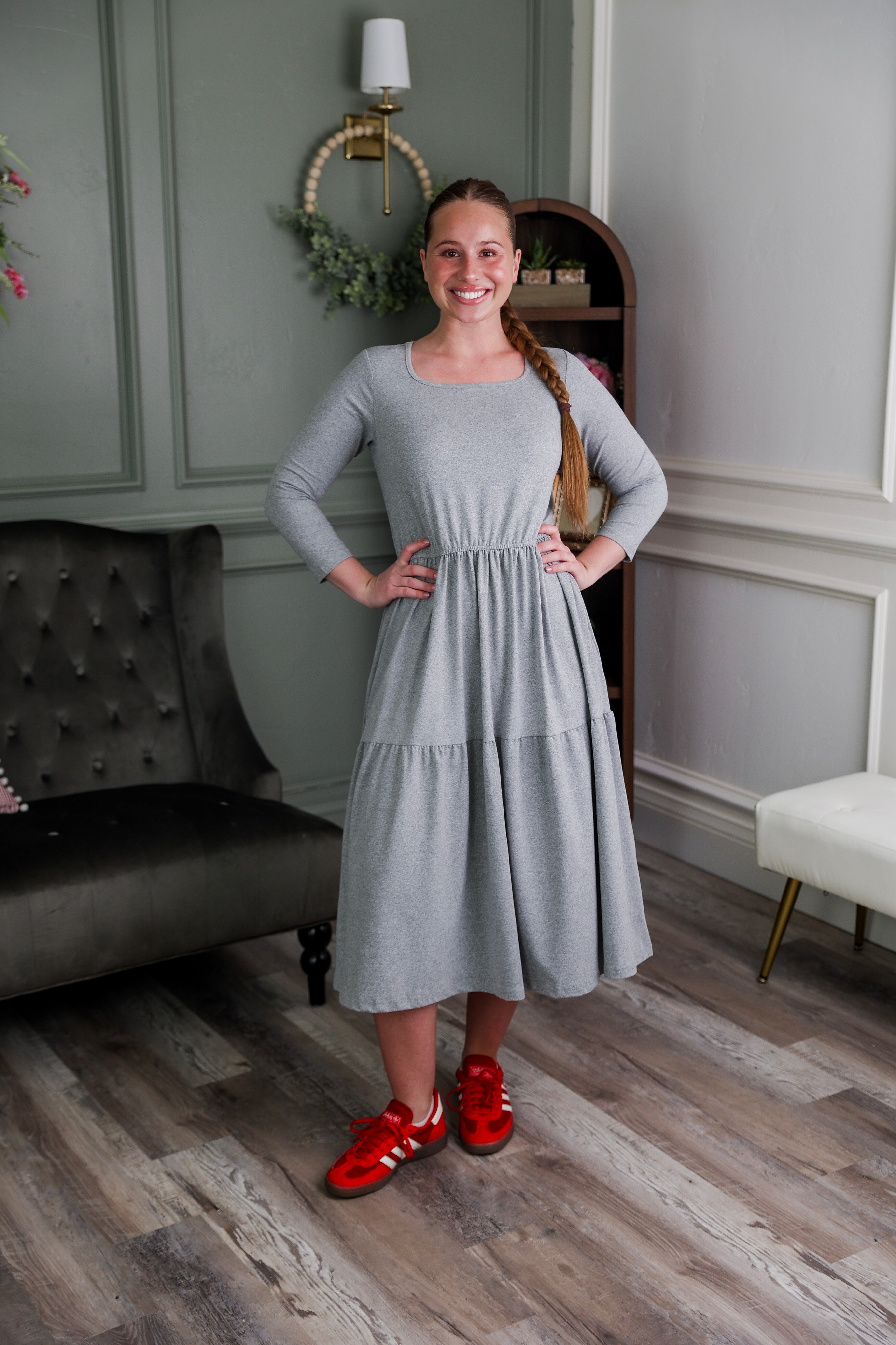 Model wearing Modest Nuggles® Nova Dress in Heather Gray