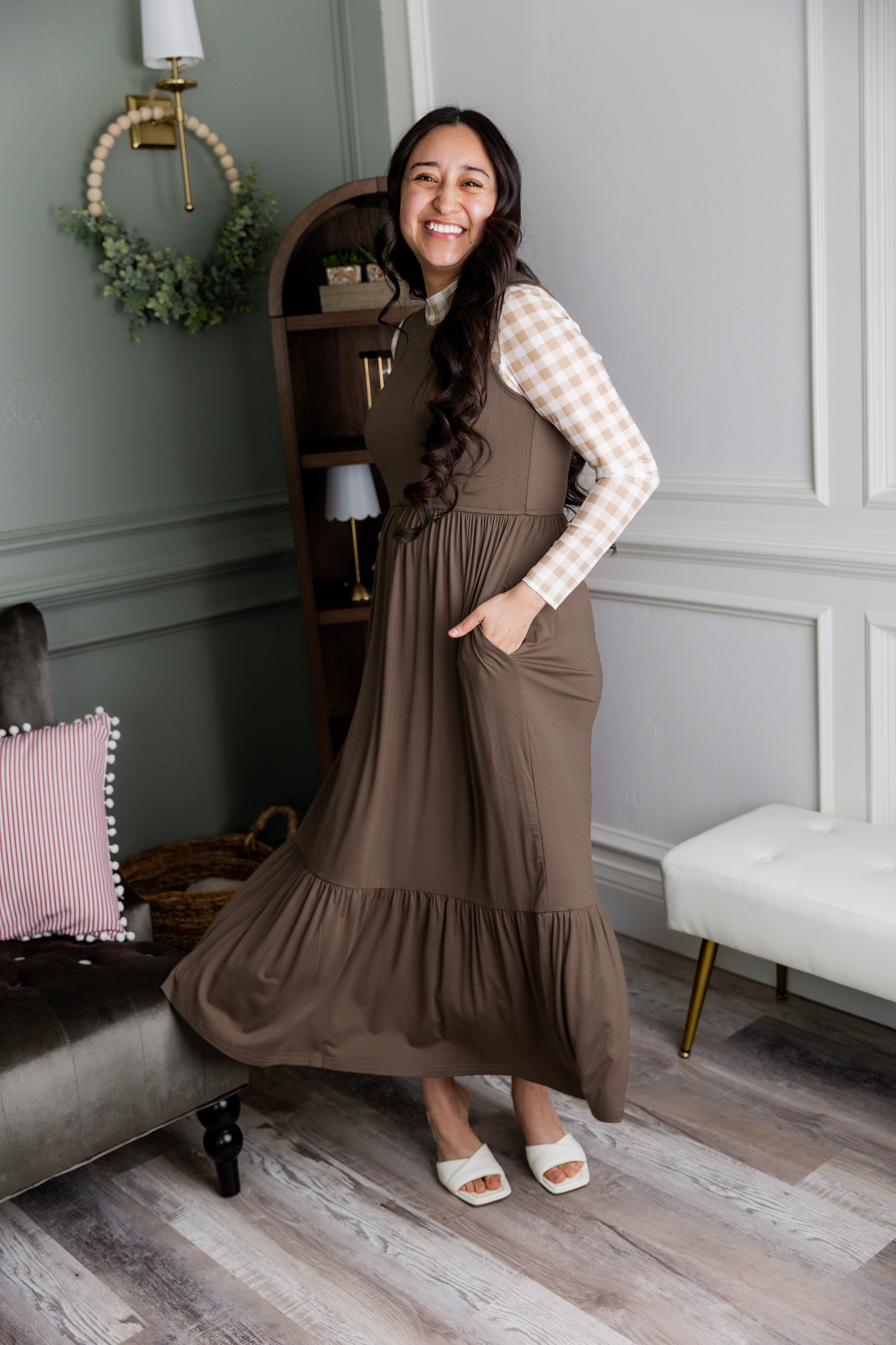 Model wearing the Nuggles® Riley Dress in Mocha Brown