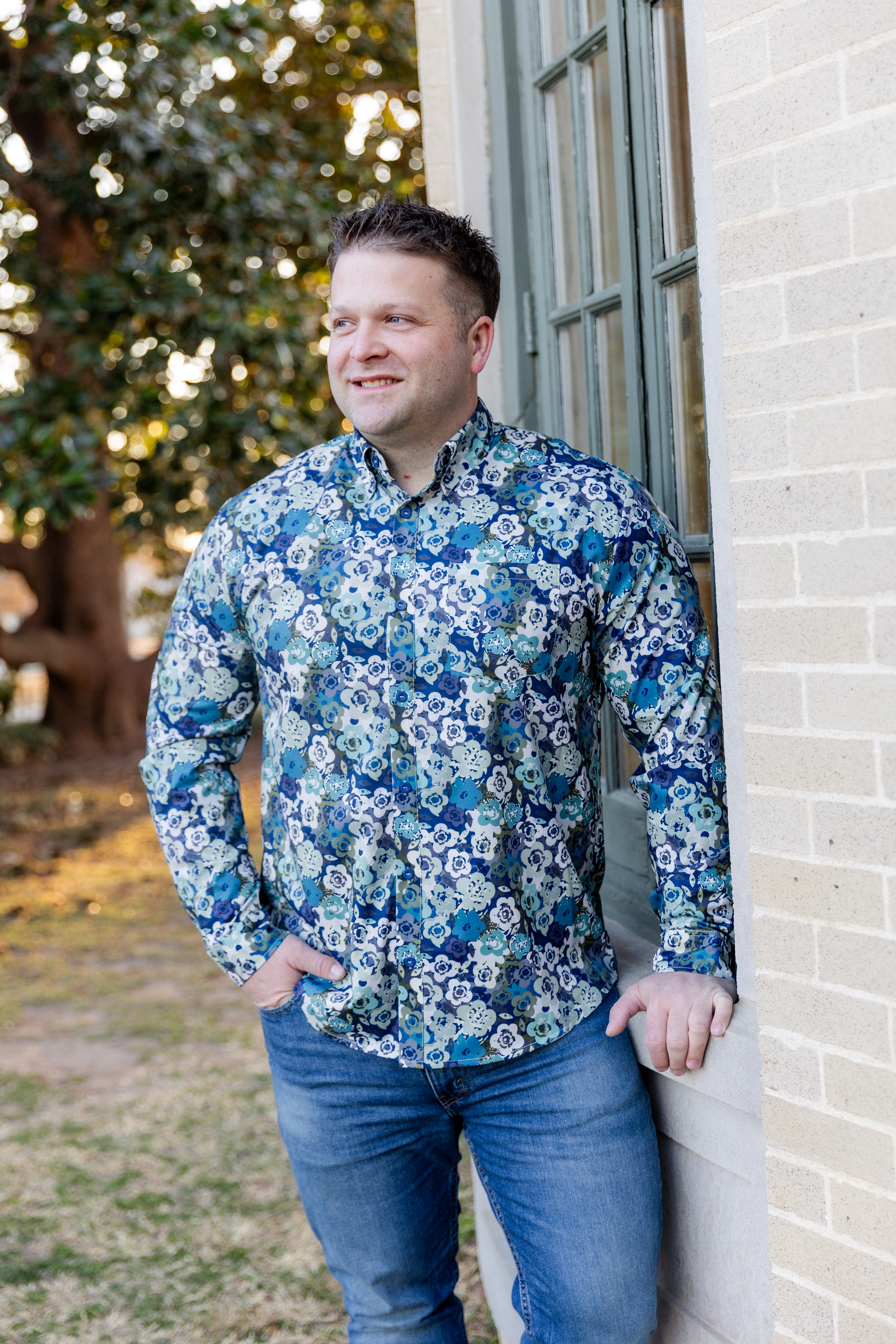 Model wearing Nuggles® Mens' Button Down Shirt Storm Brush