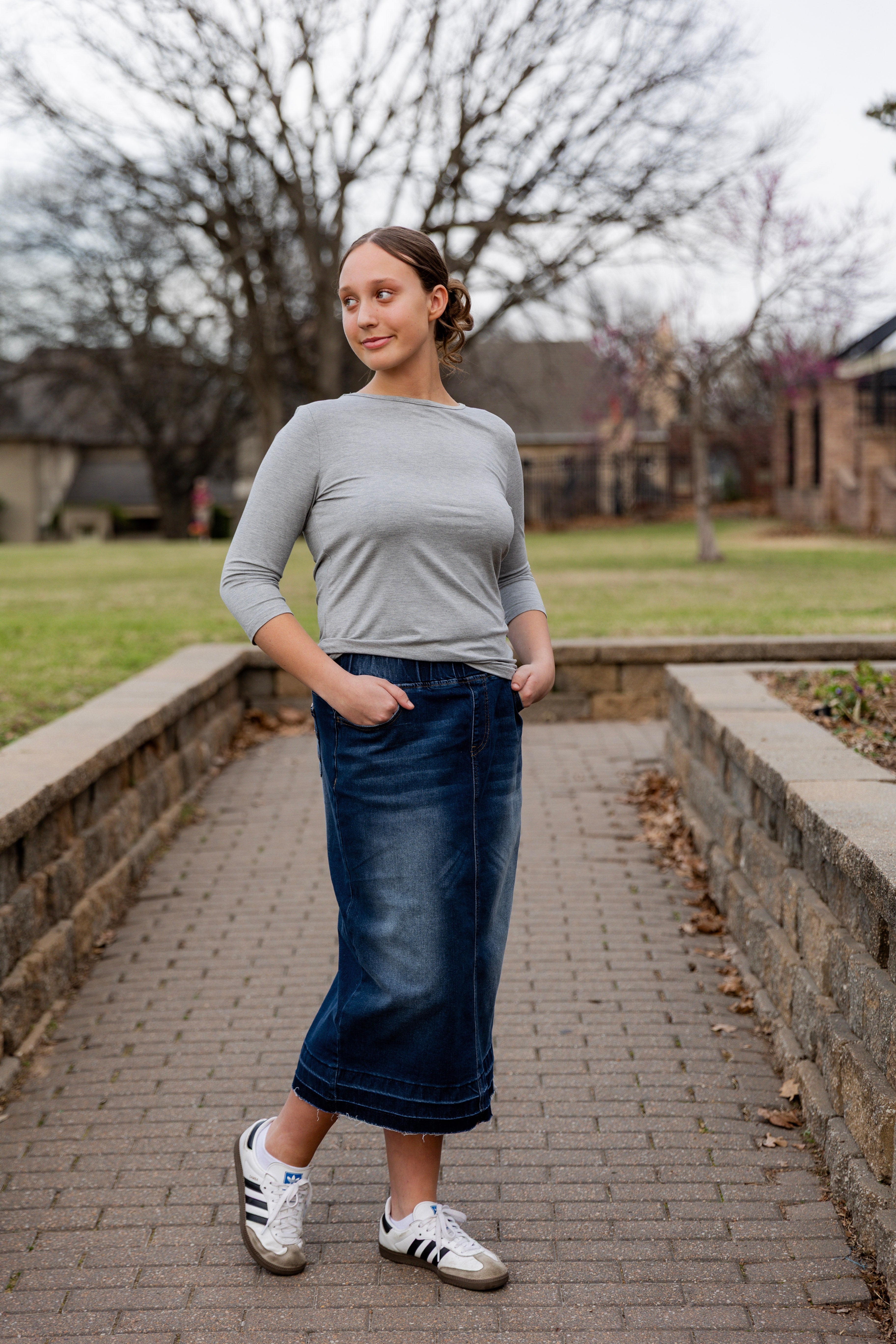 modest denim skirts in 31" length 
