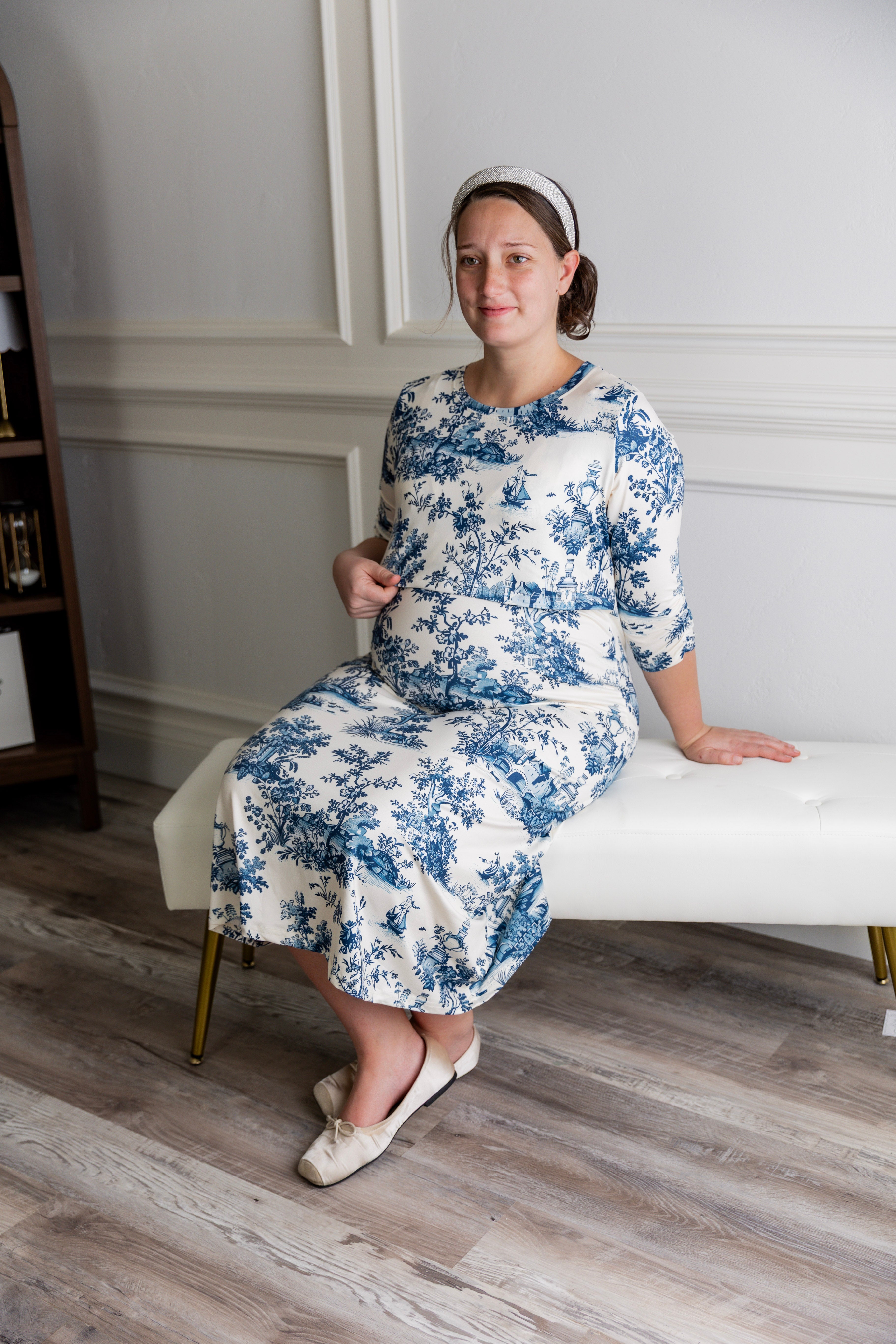 Model wearing Nuggles® Nalani Nursing Dress in Bluebell Toile