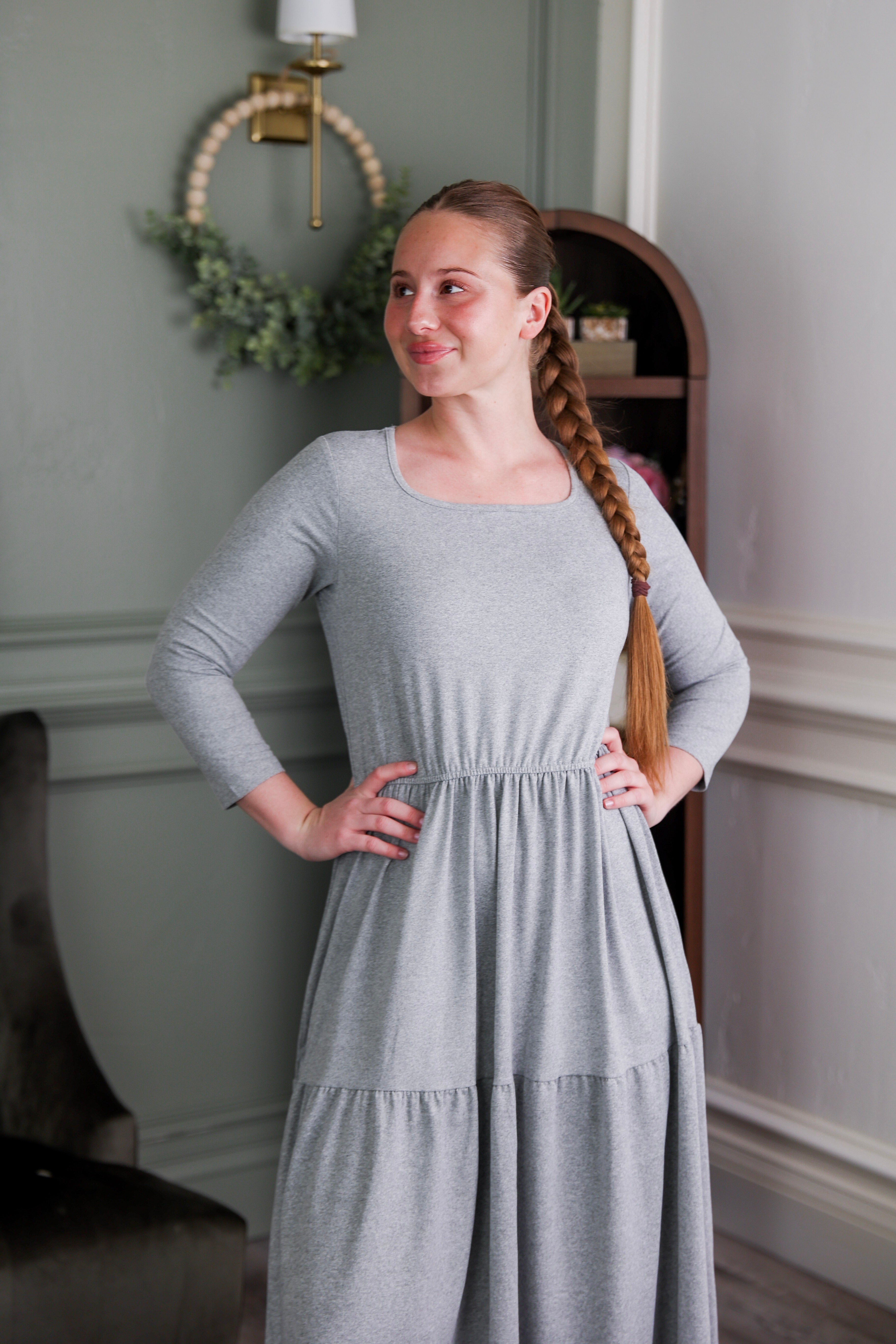 Model wearing Modest Nuggles® Nova Dress in Heather Gray