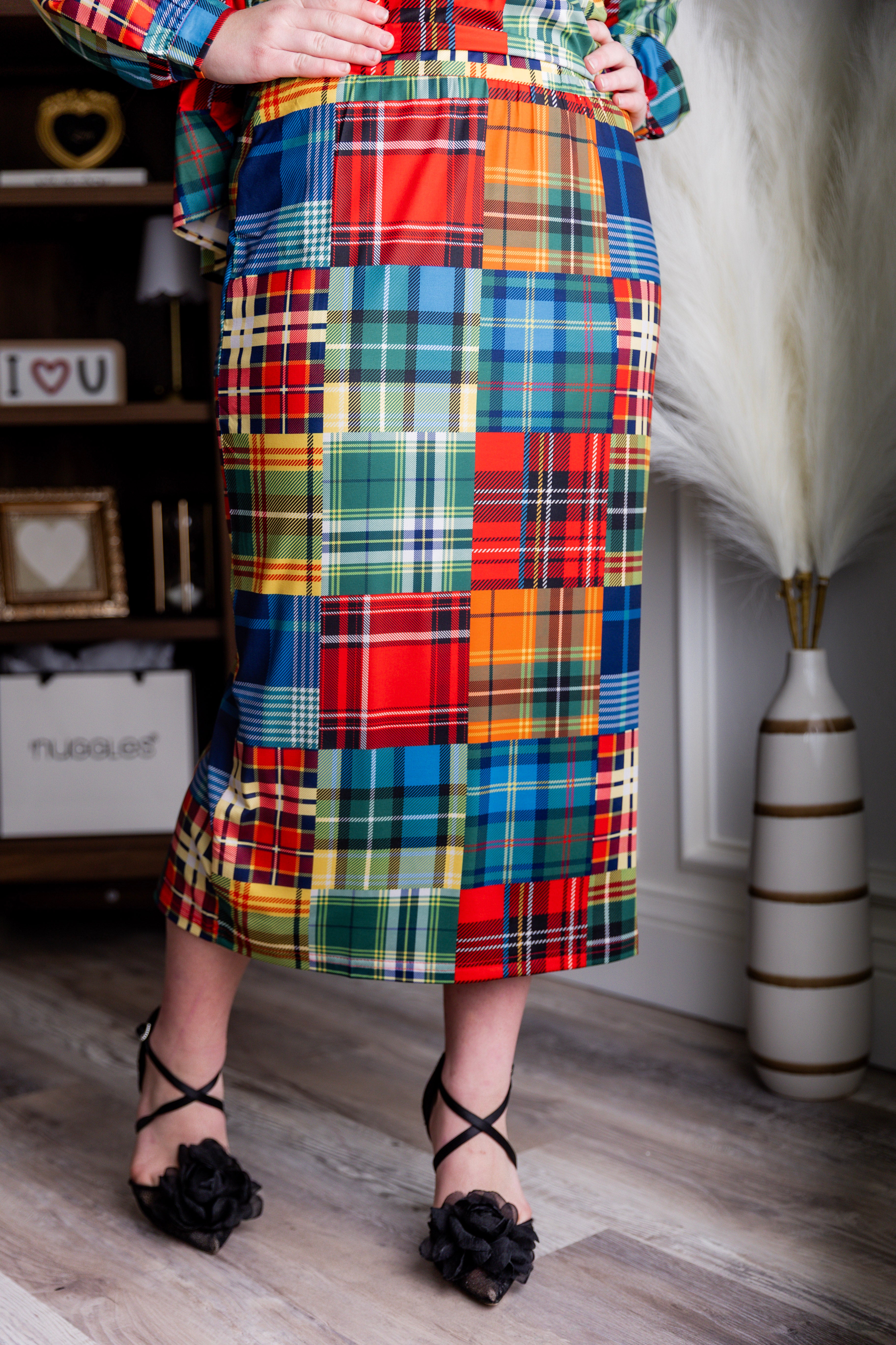 Model wearing modest Nuggles® 31" Lined Pencil Skirt in Patch Plaid