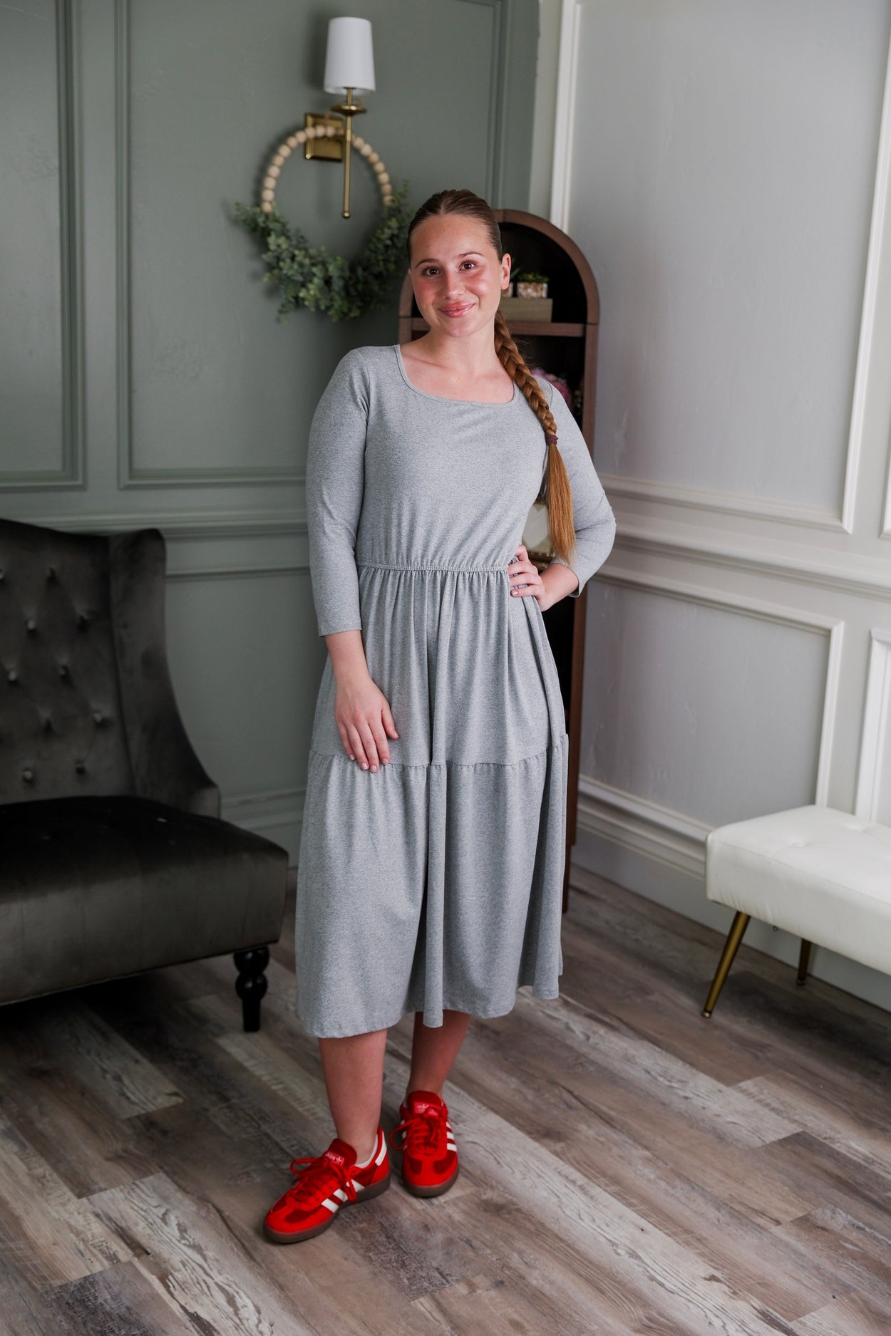 Model wearing Nuggles® Nova Dress in Heather Gray