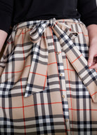 Nuggles® Bria Skirt Sand Plaid neutral plaid midi skirt with waist tie
