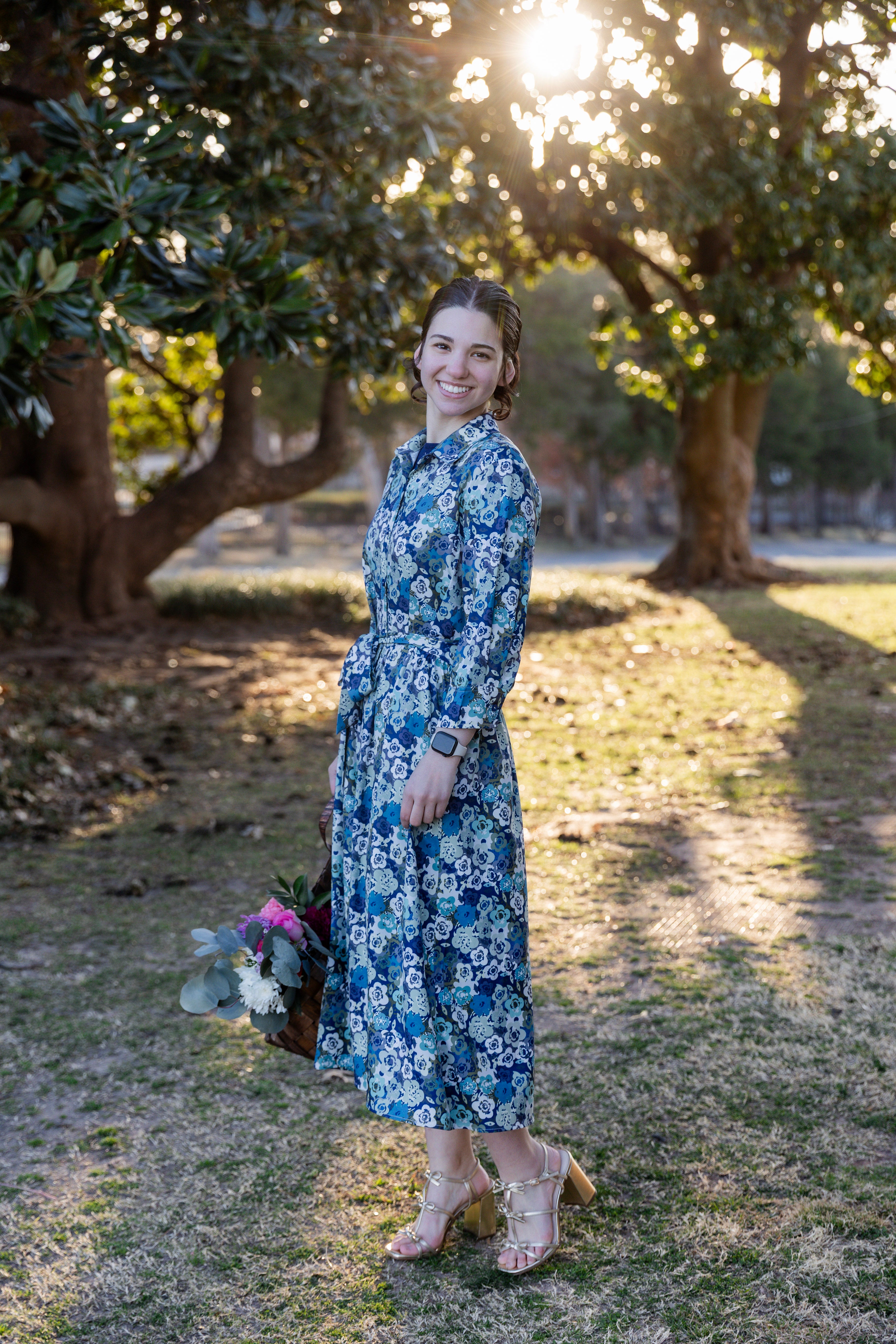 Model wearing the Nuggles® Rachel Dress in Storm Brush
