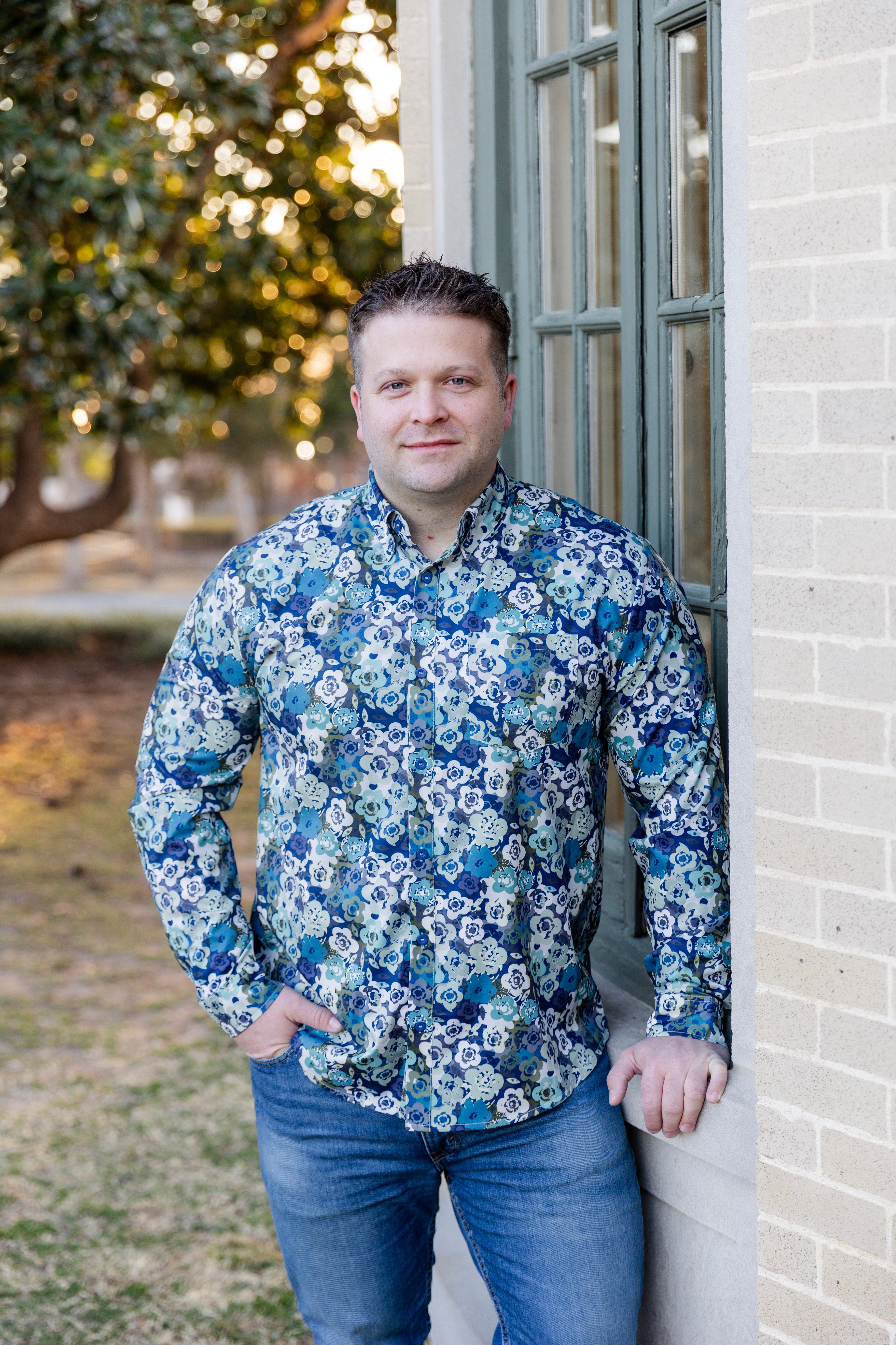 Model wearing Nuggles® Mens' Button Down Shirt Storm Brush