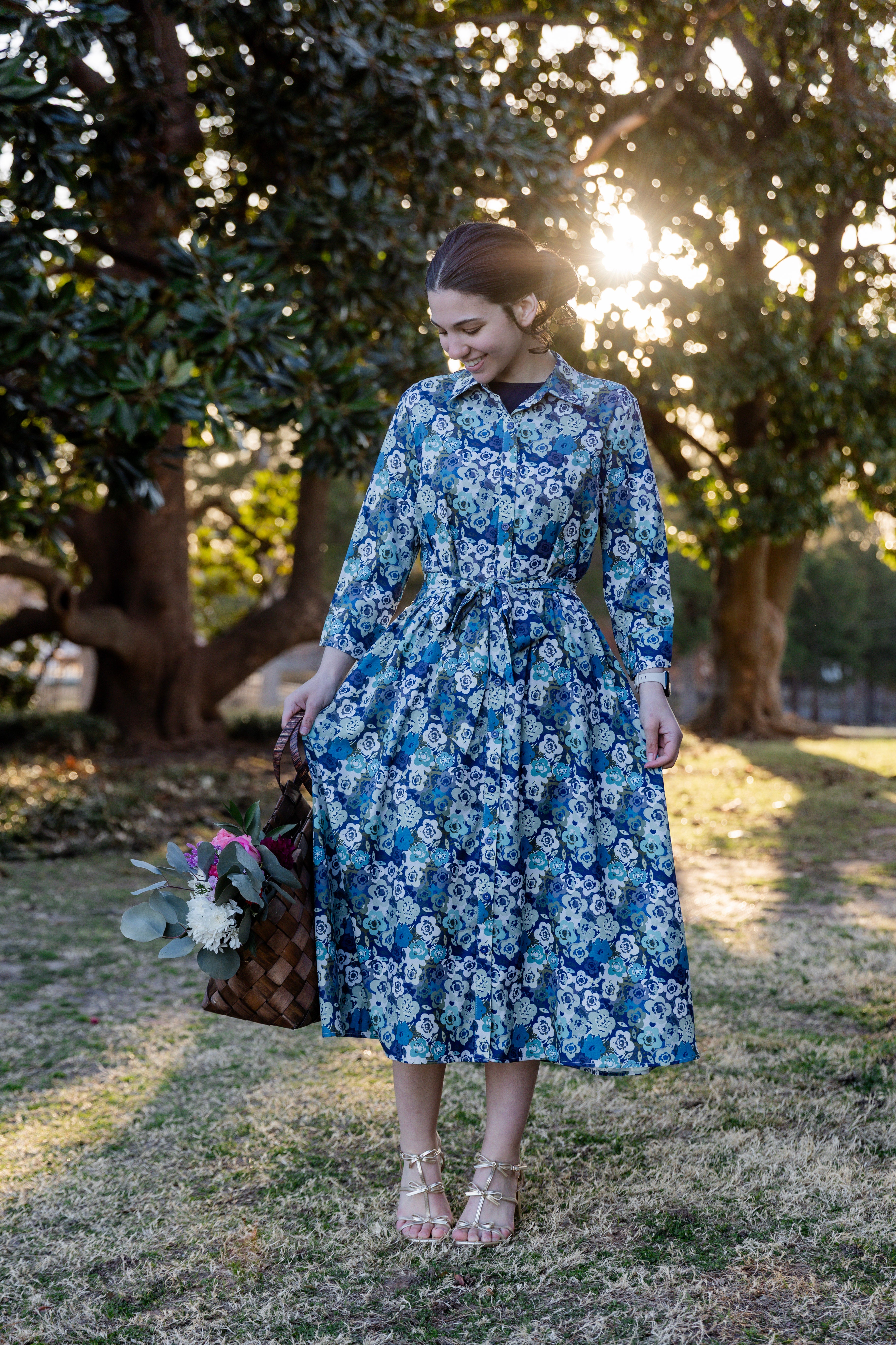 Model wearing the Nuggles® Rachel Dress in Storm Brush