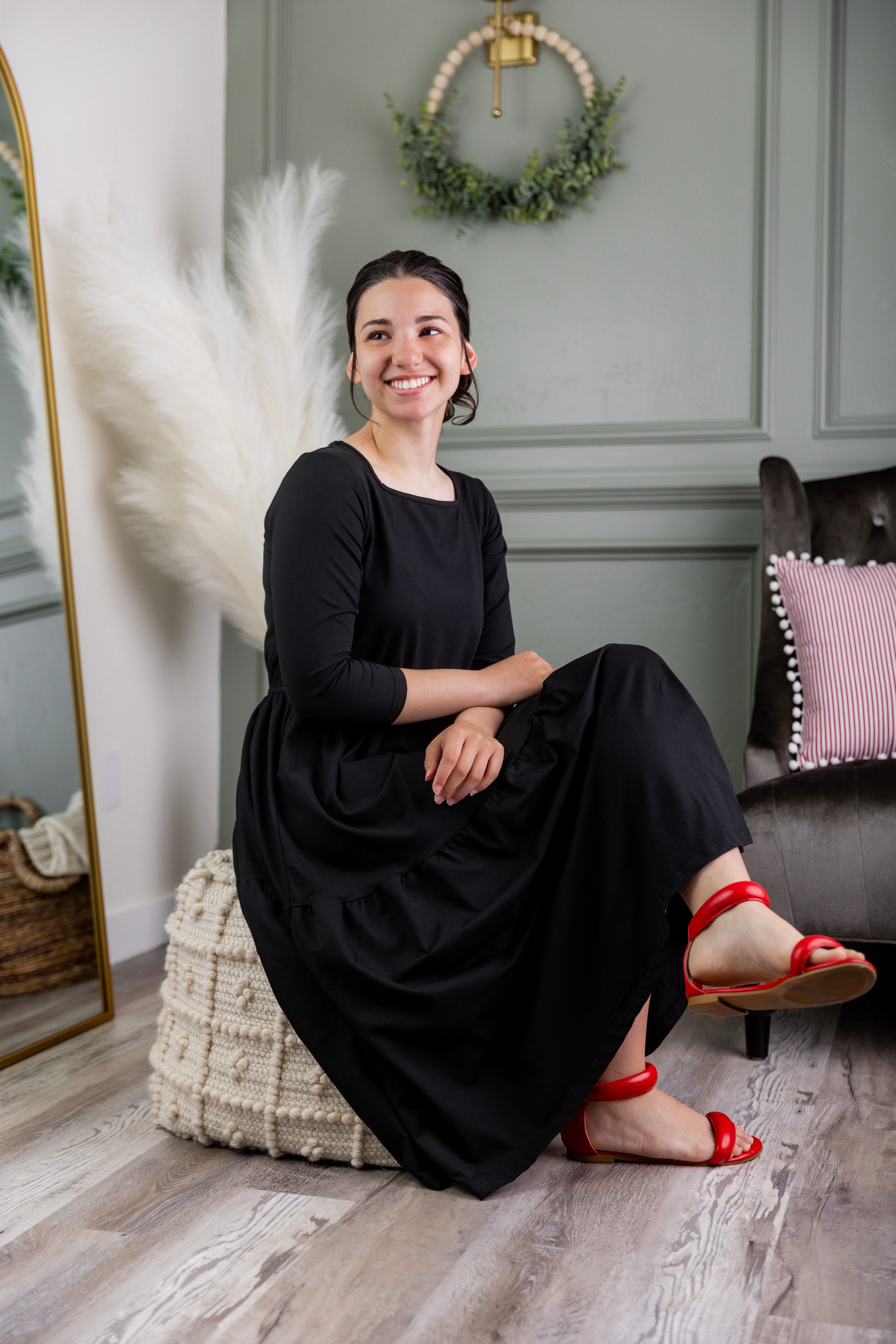 Model wearing Modest Nuggles® Nova Dress in Black