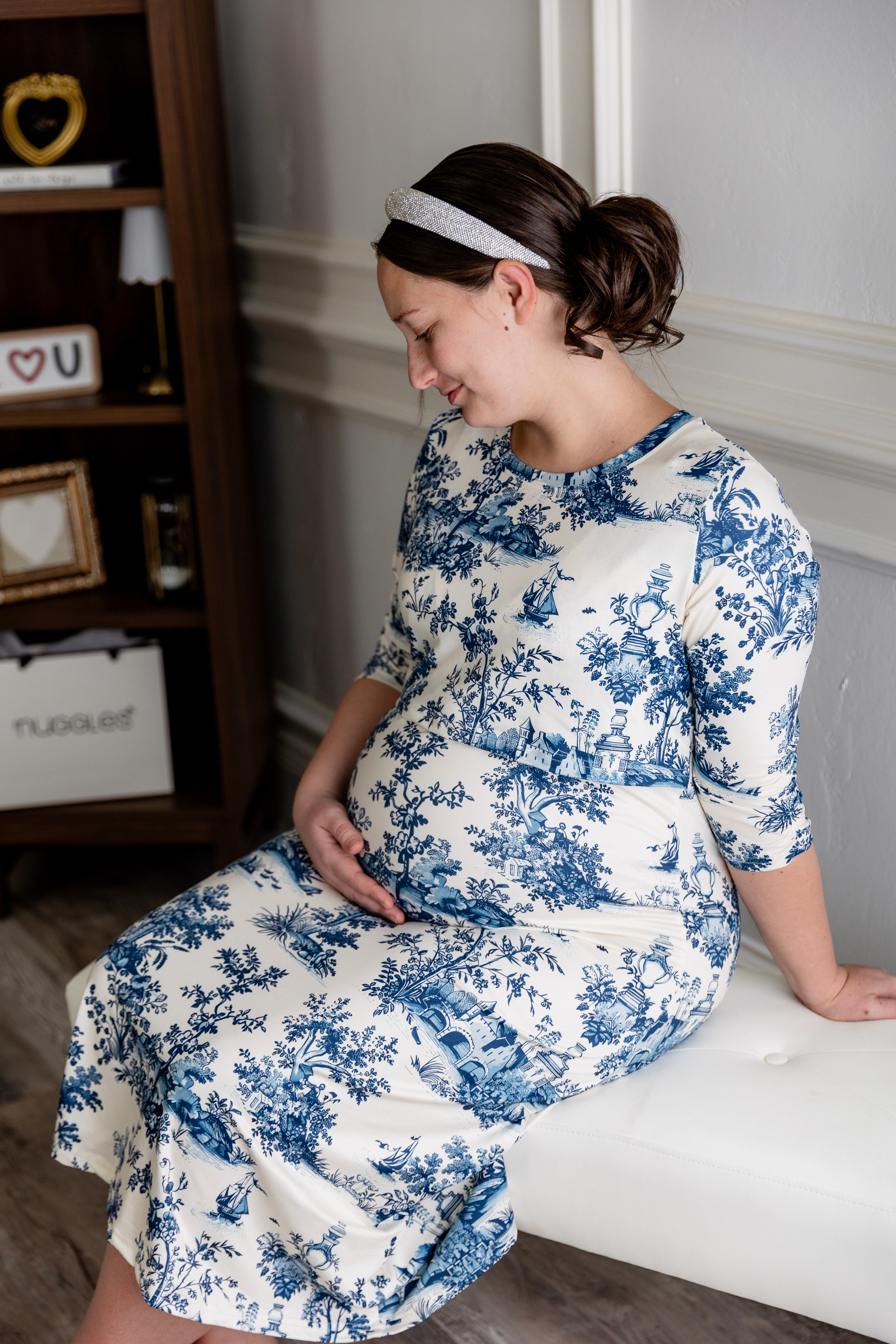 Model wearing Nuggles® Nalani Nursing Dress in Bluebell Toile