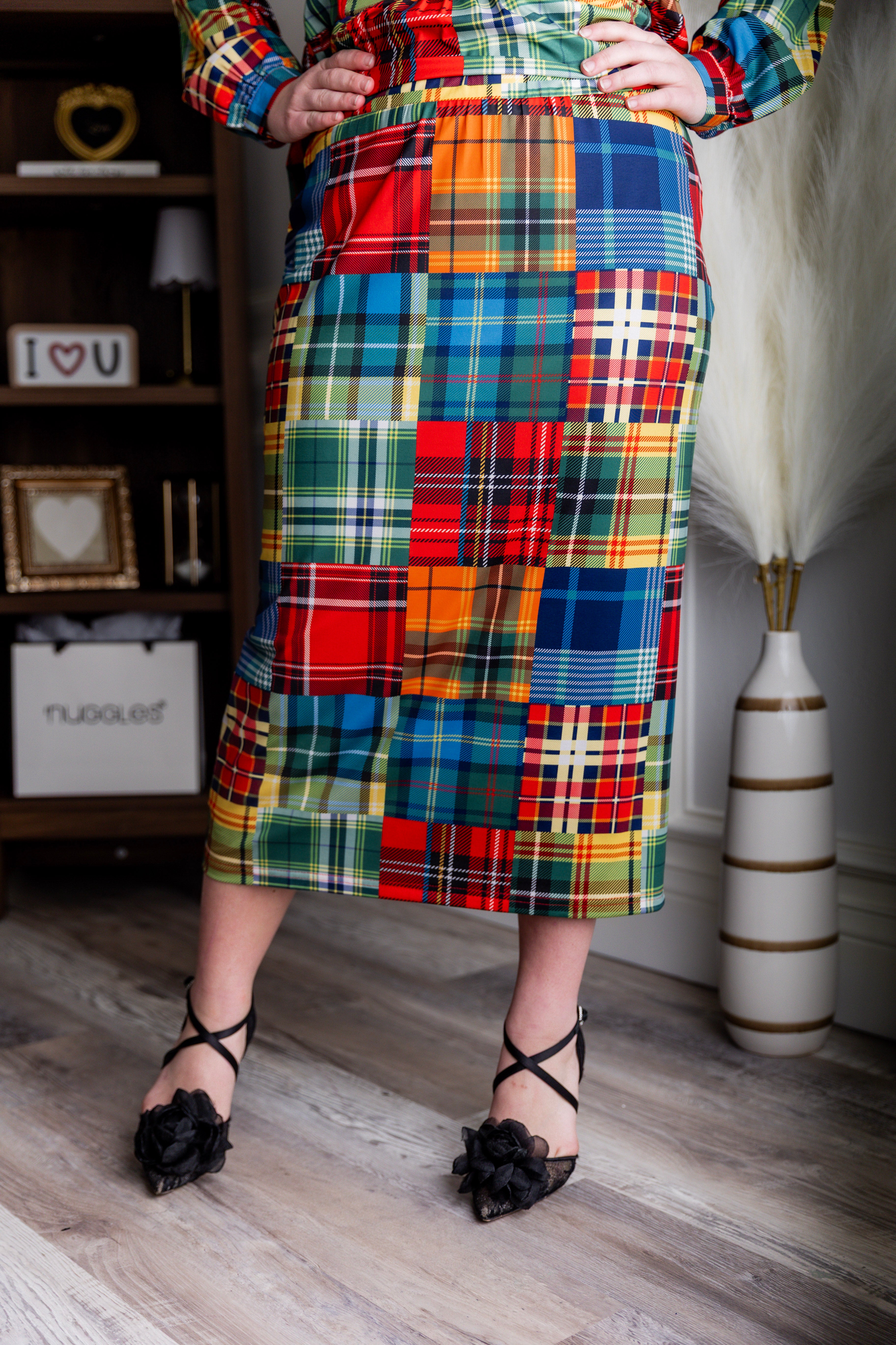 Model wearing modest Nuggles® 31" Lined Pencil Skirt in Patch Plaid