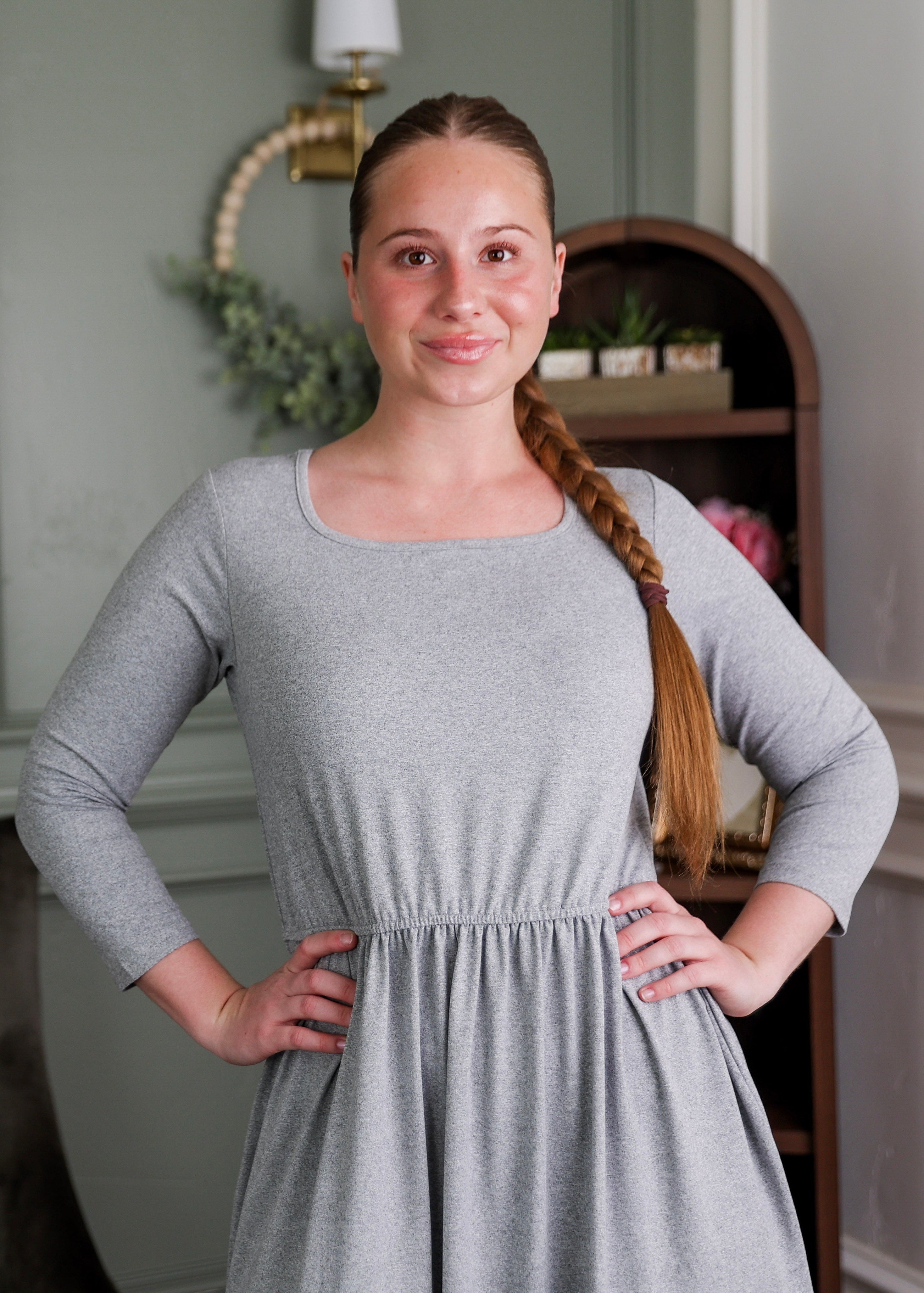 Model wearing Modest Nuggles® Nova Dress in Heather Gray