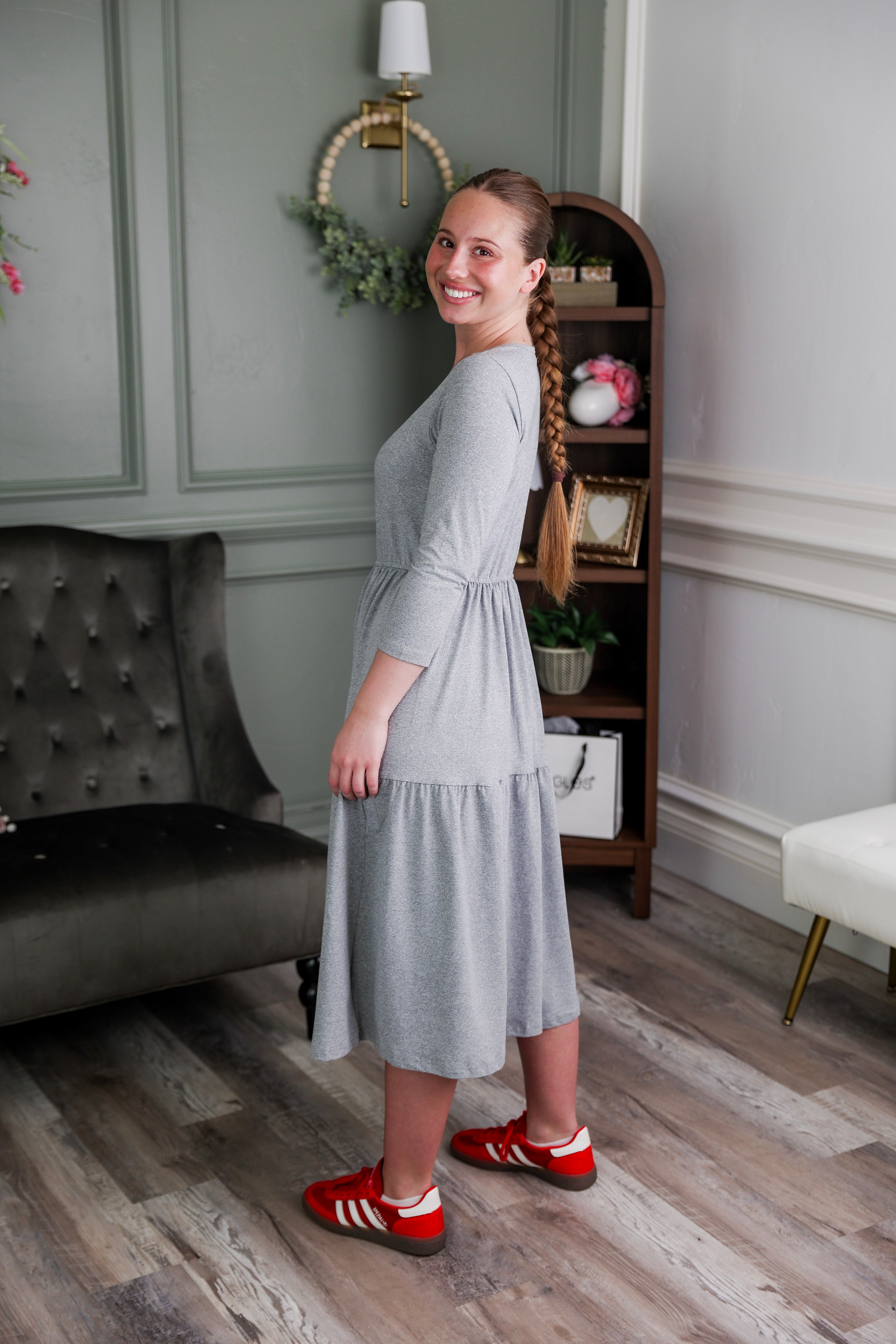 Model wearing Modest Nuggles® Nova Dress in Heather Gray