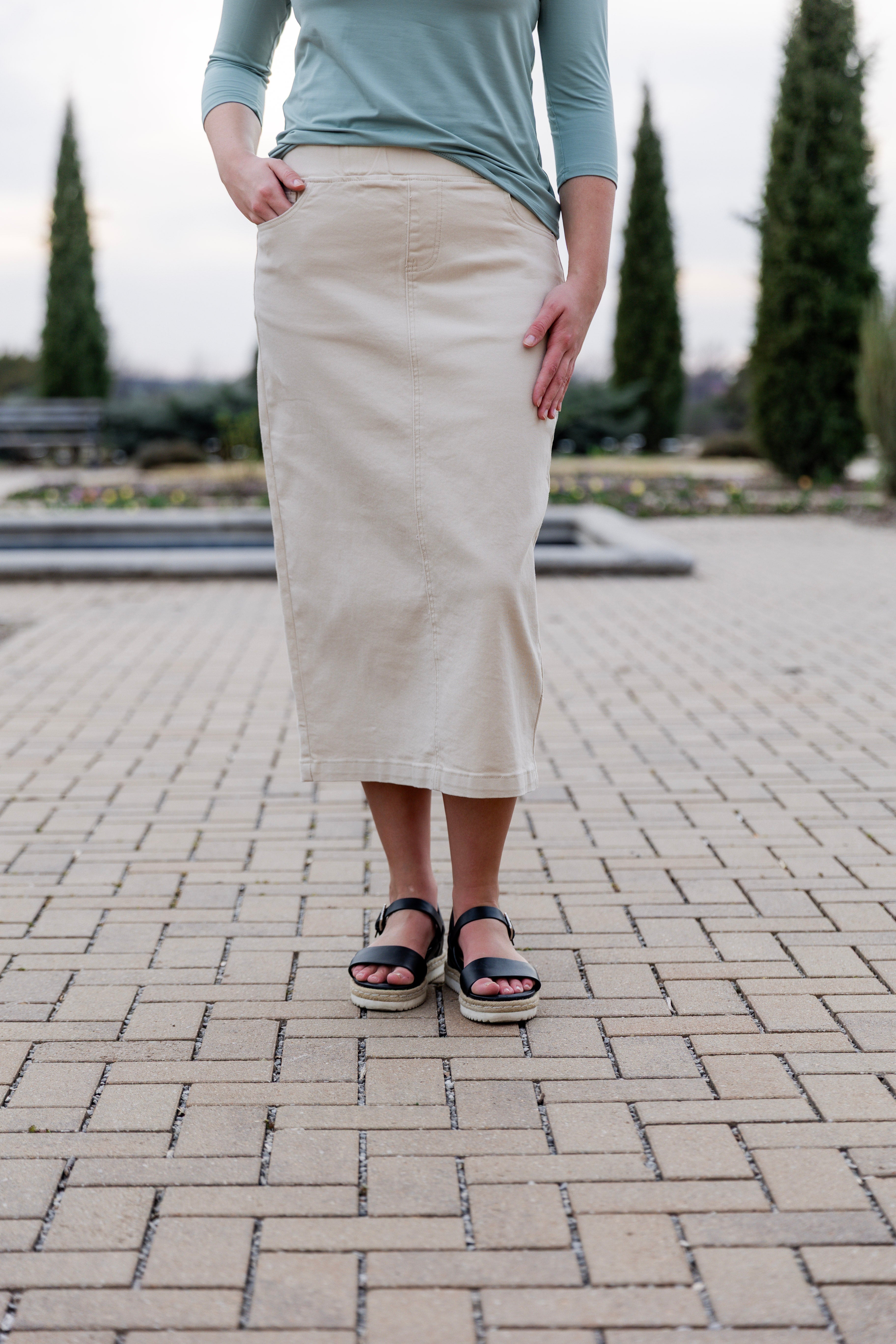 Model wearing Nuggles® modest 34" Denim Skirt.