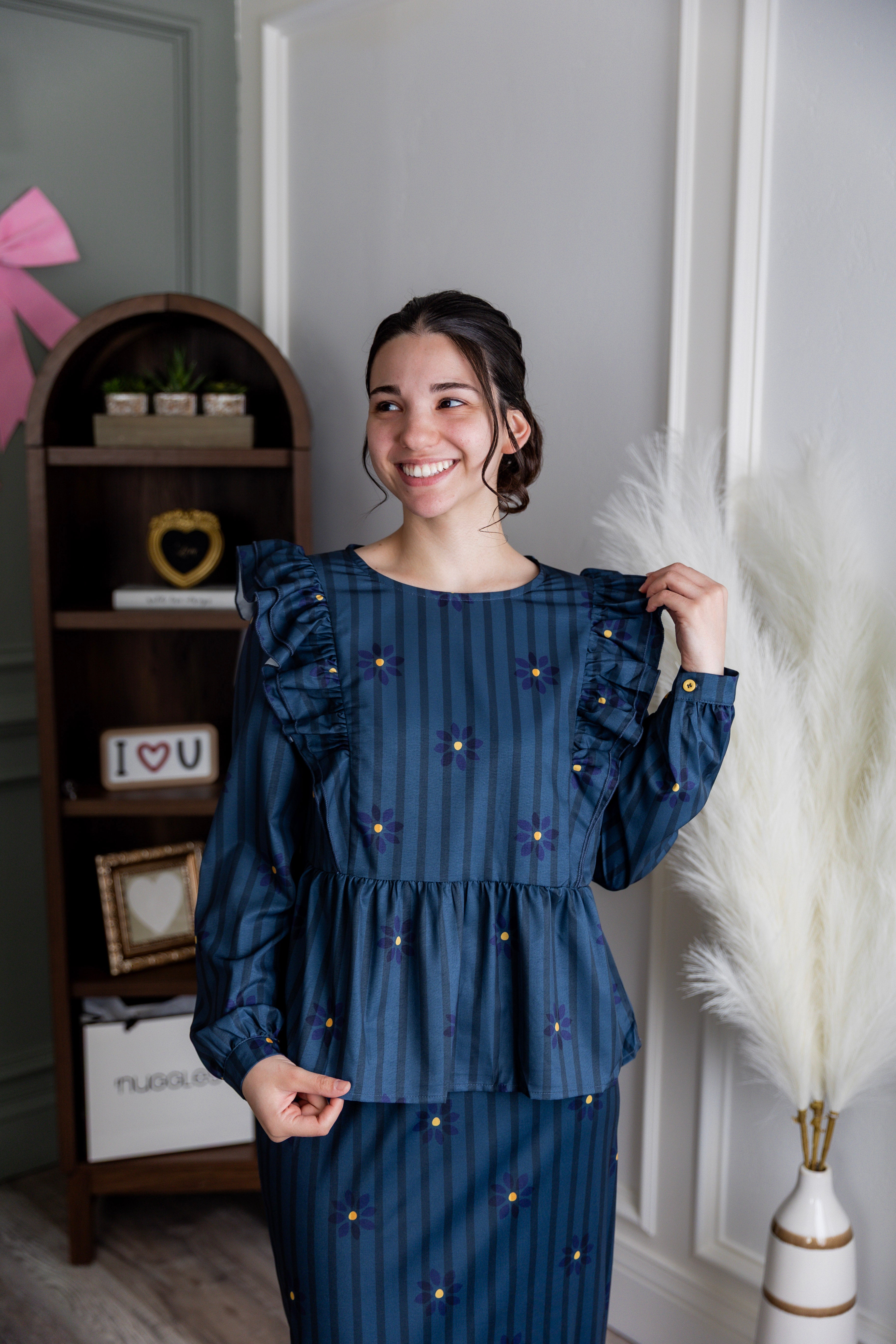 Model wearing Nuggles® Rae Top in Pinstripe Ditsy