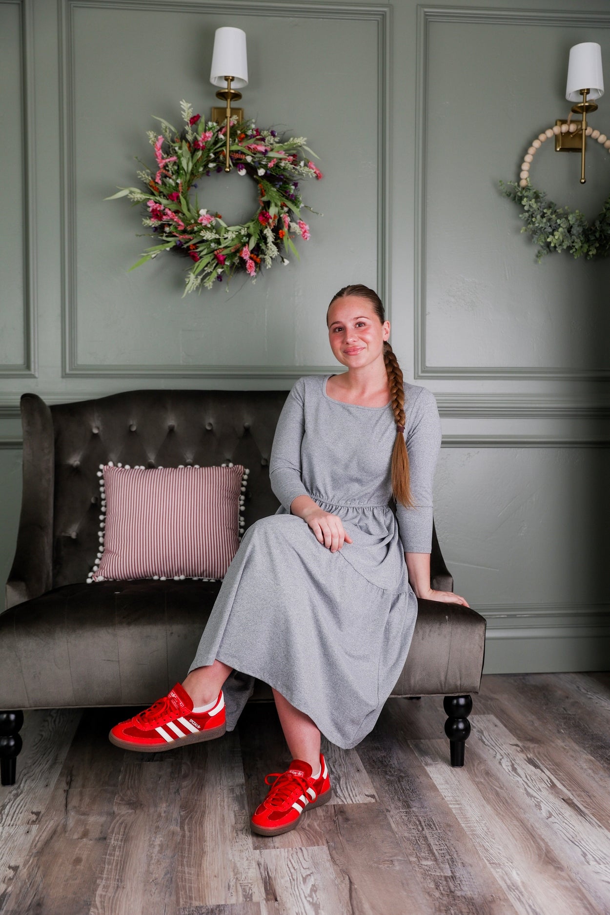 Model wearing Nuggles® Nova Dress in Heather Gray