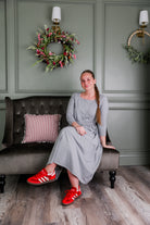 Model wearing Modest Nuggles® Nova Dress in Heather Gray