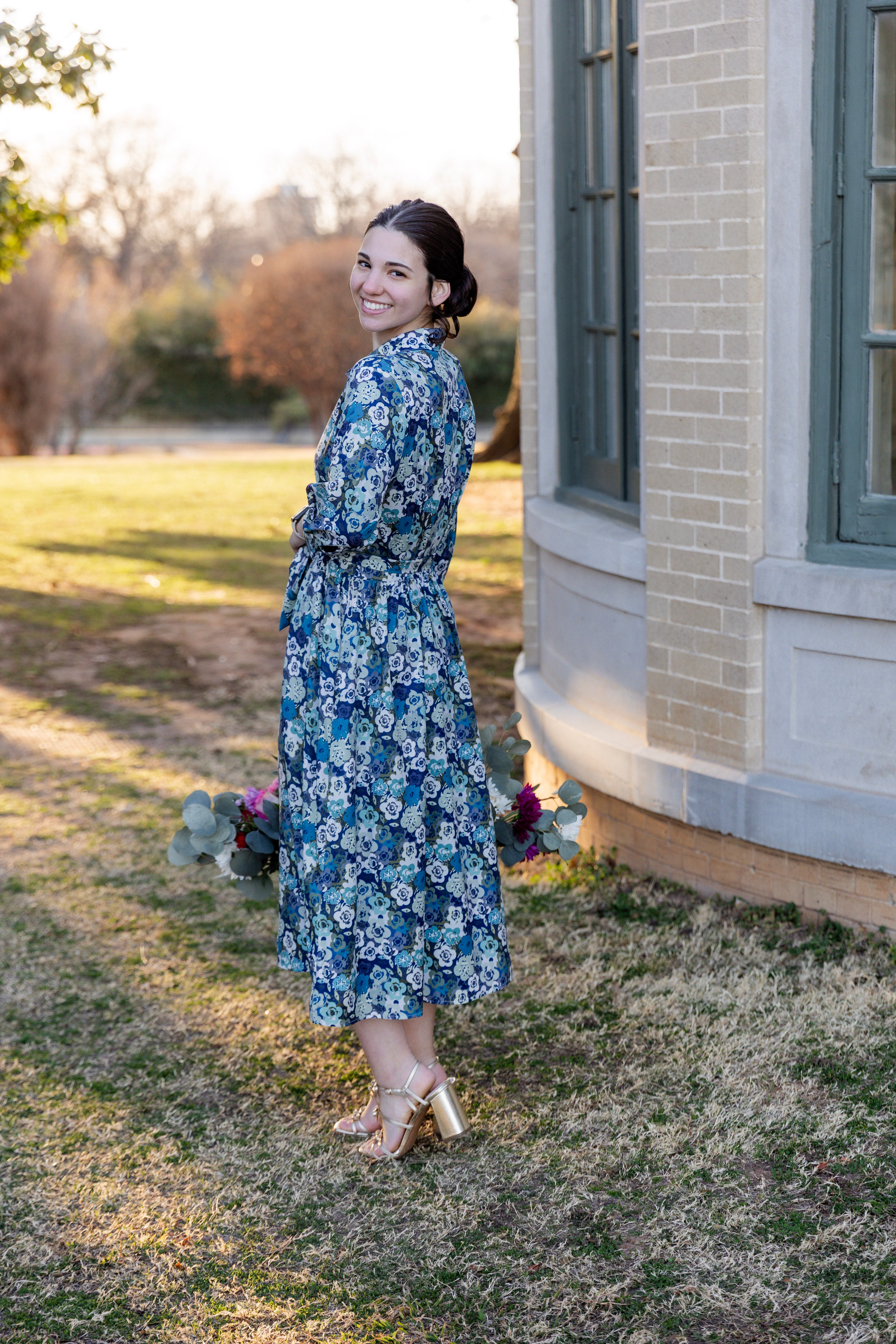 Model wearing the Nuggles® Rachel Dress in Storm Brush