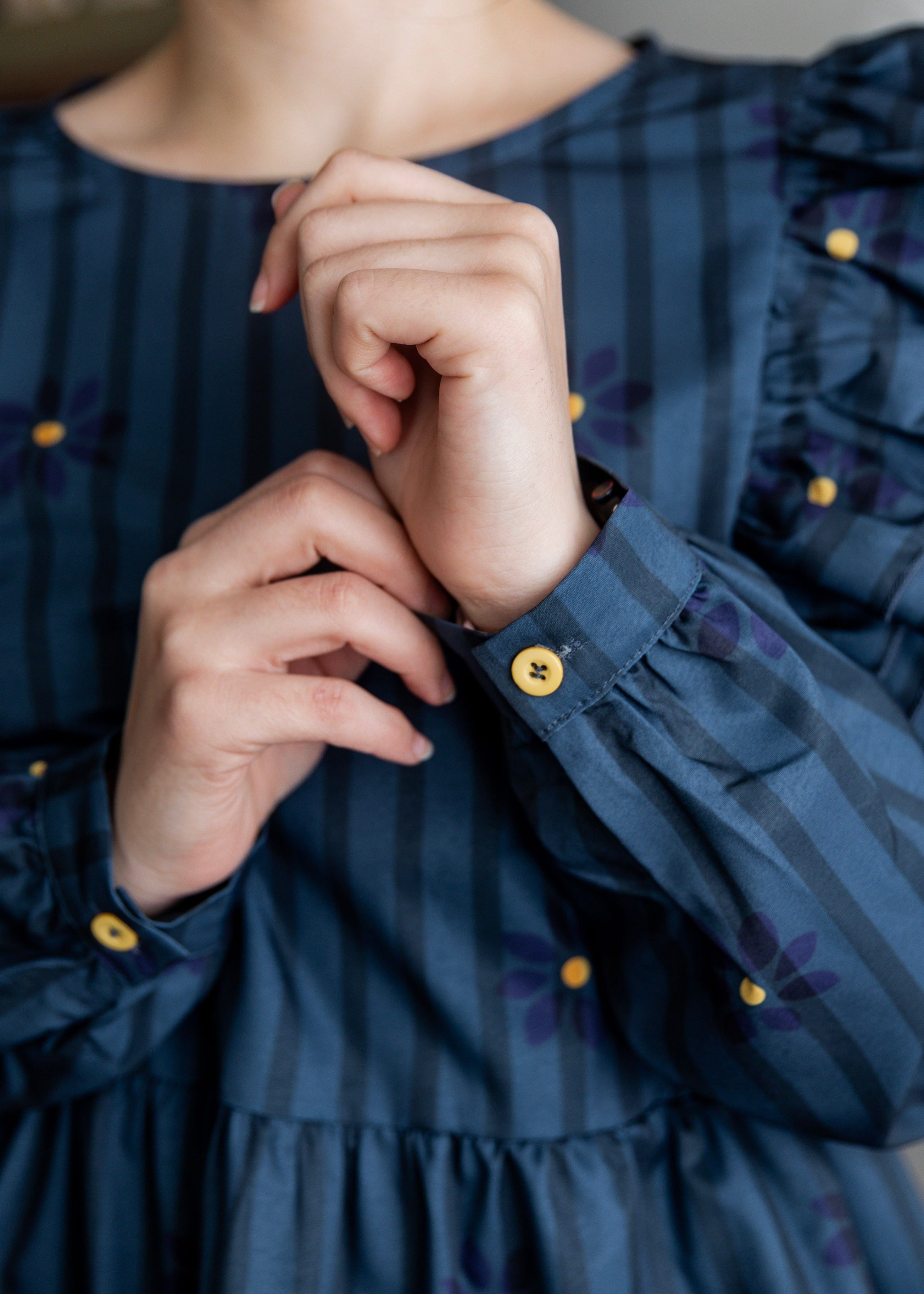 Model wearing Nuggles® Rae Top in Pinstripe Ditsy