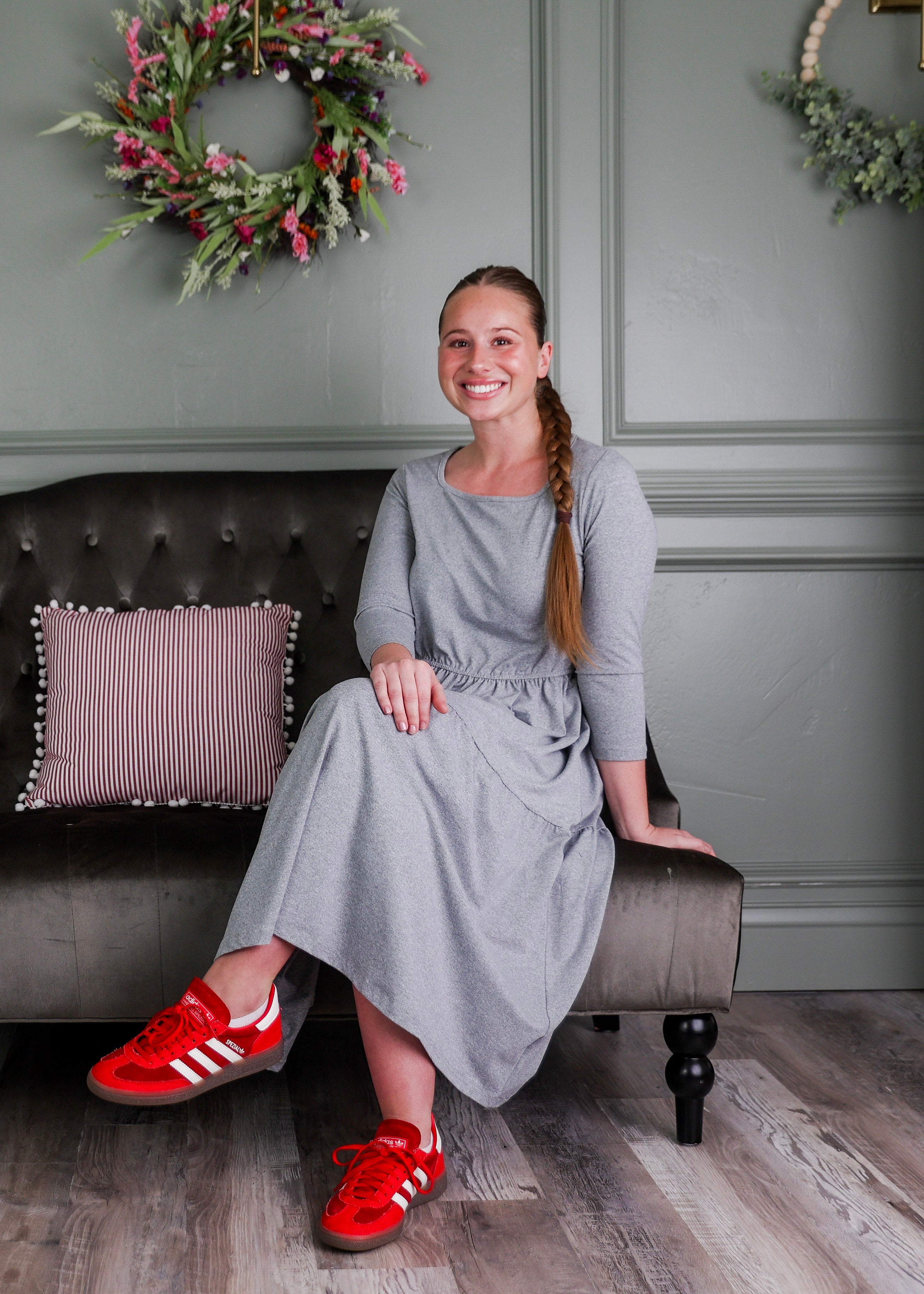 Model wearing Modest Nuggles® Nova Dress in Heather Gray