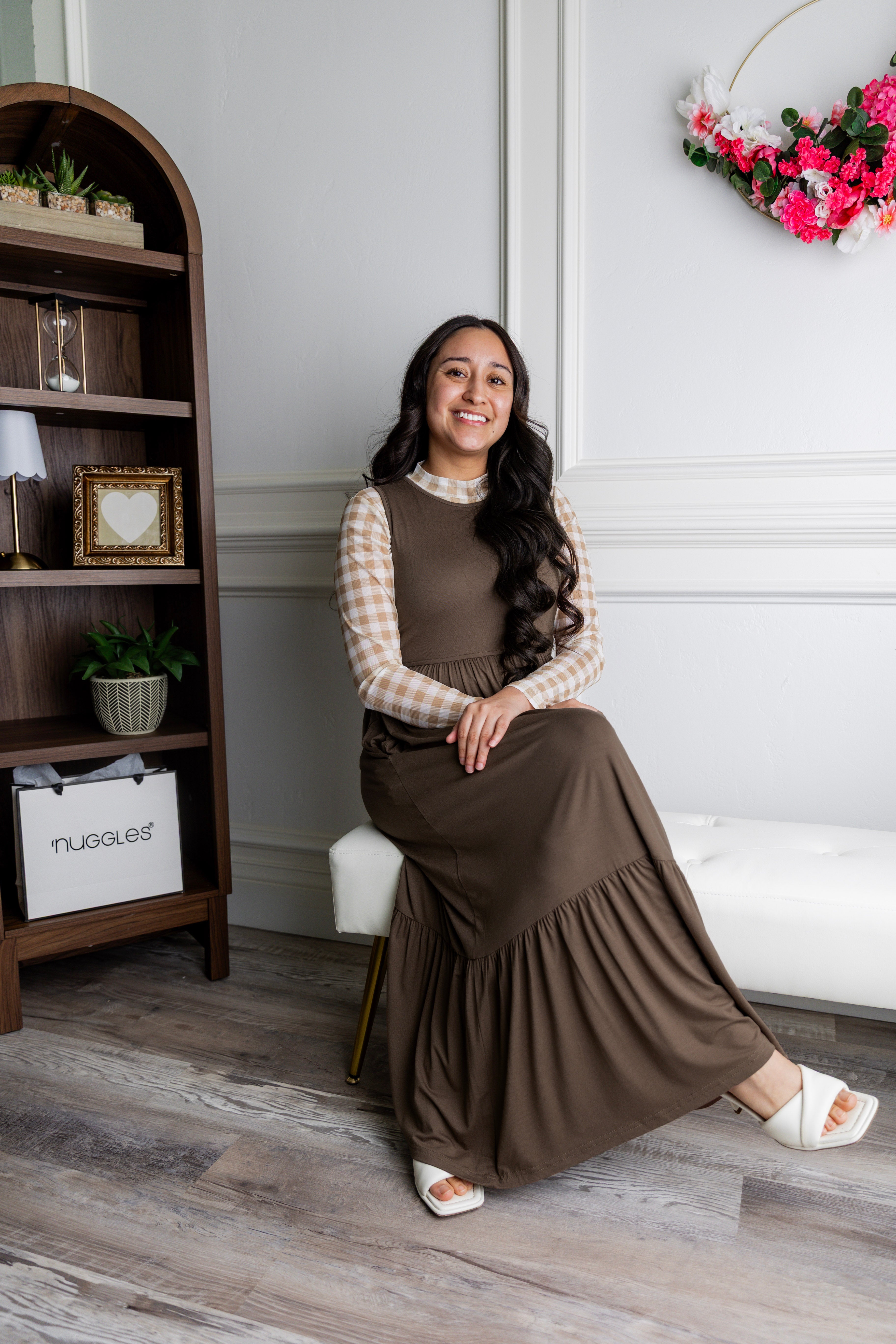 Model wearing the Nuggles® Riley Dress in Mocha Brown