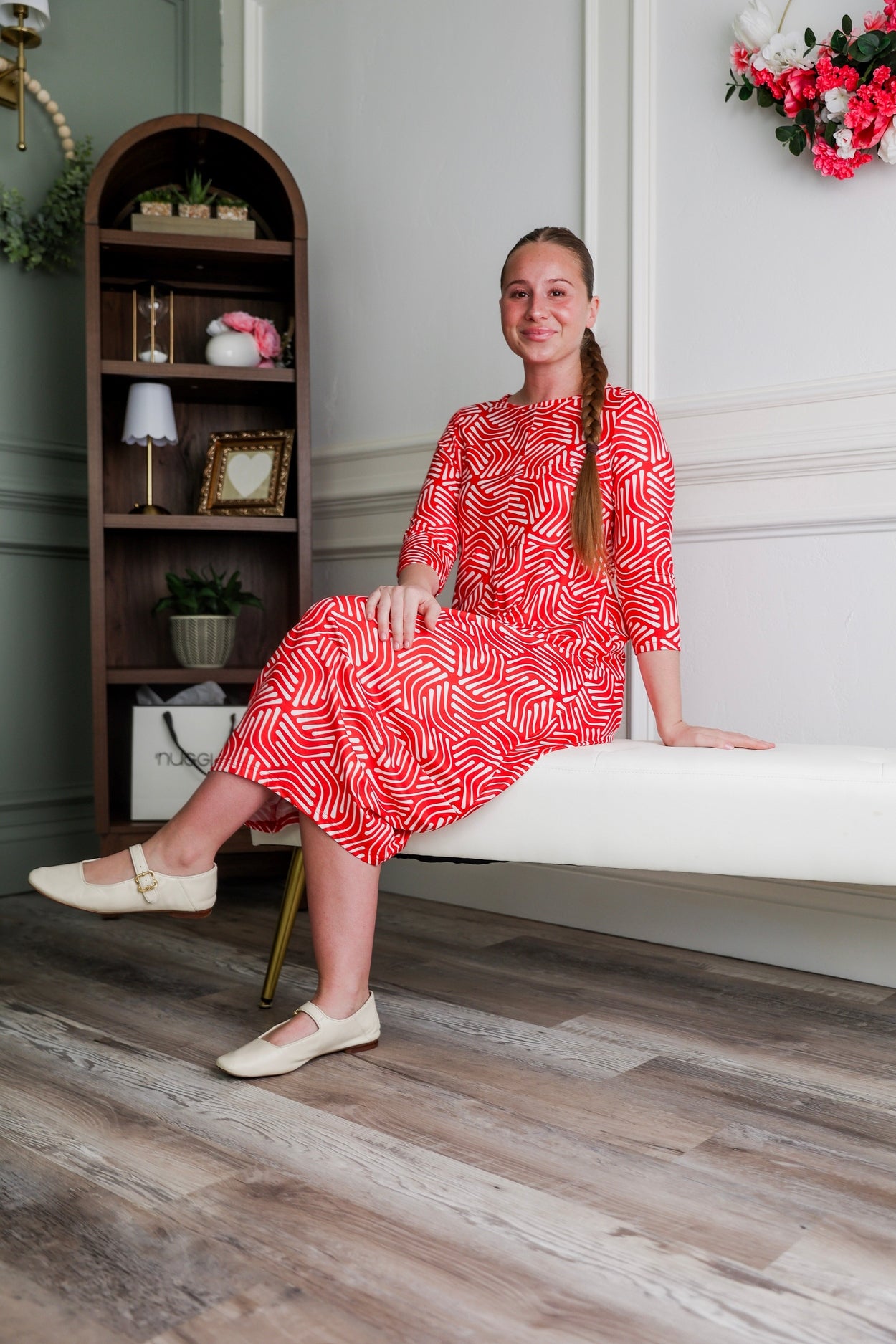 Model wearing Nuggles® Cindy Bubble Dress in Berry Maze