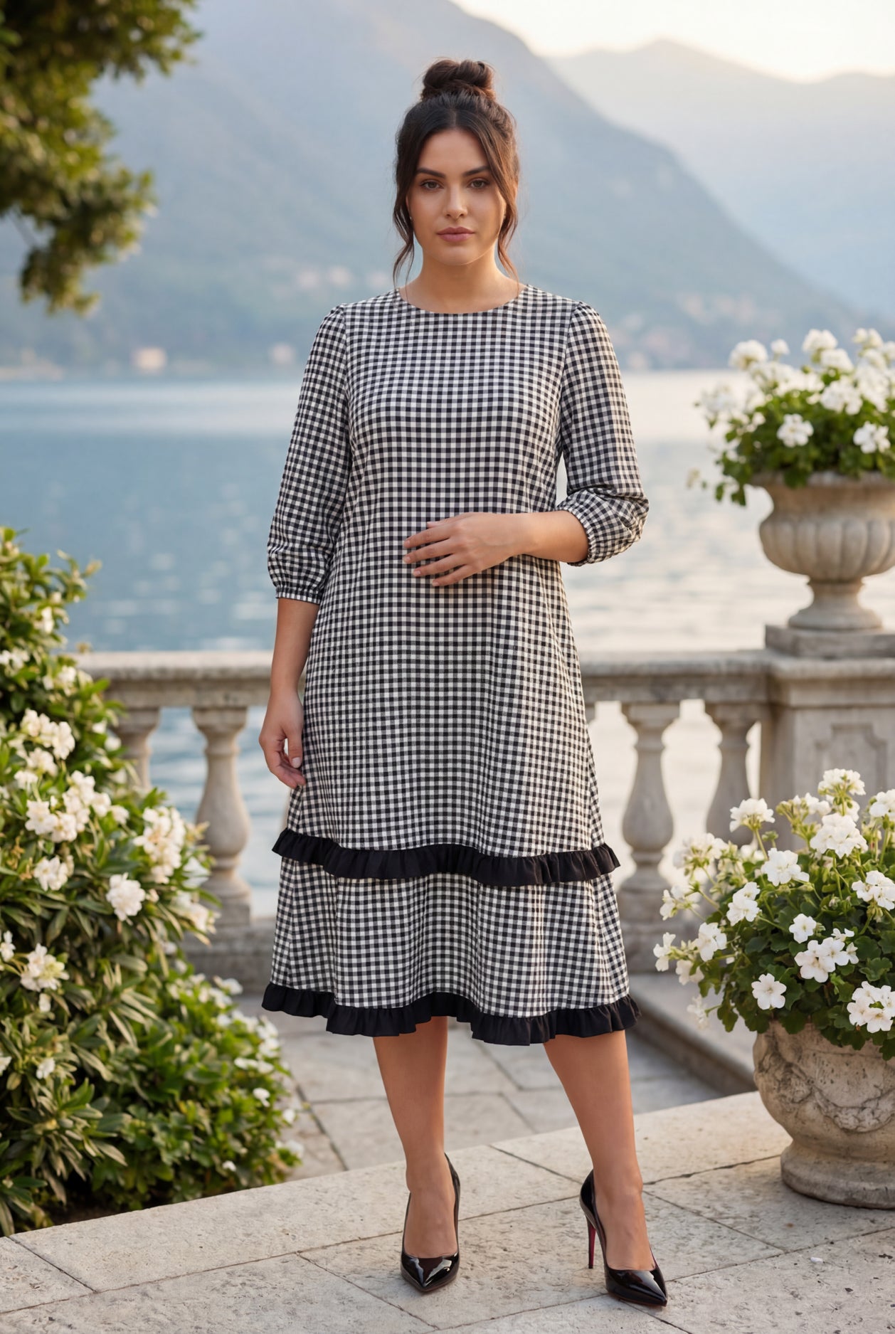 Model wearing Nuggles® Patricia Dress in Peppergrid