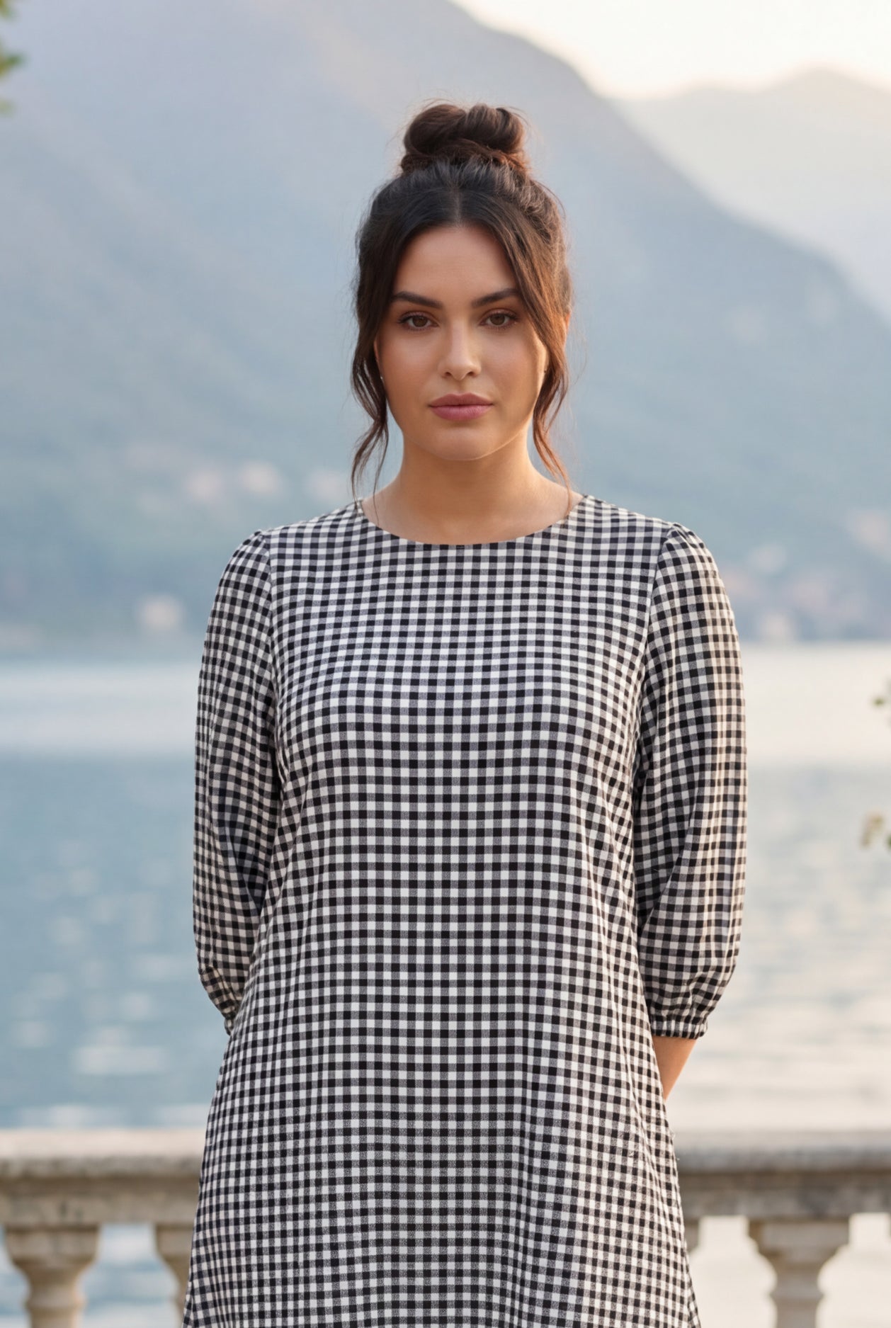 Model wearing Nuggles® Patricia Dress in Peppergrid