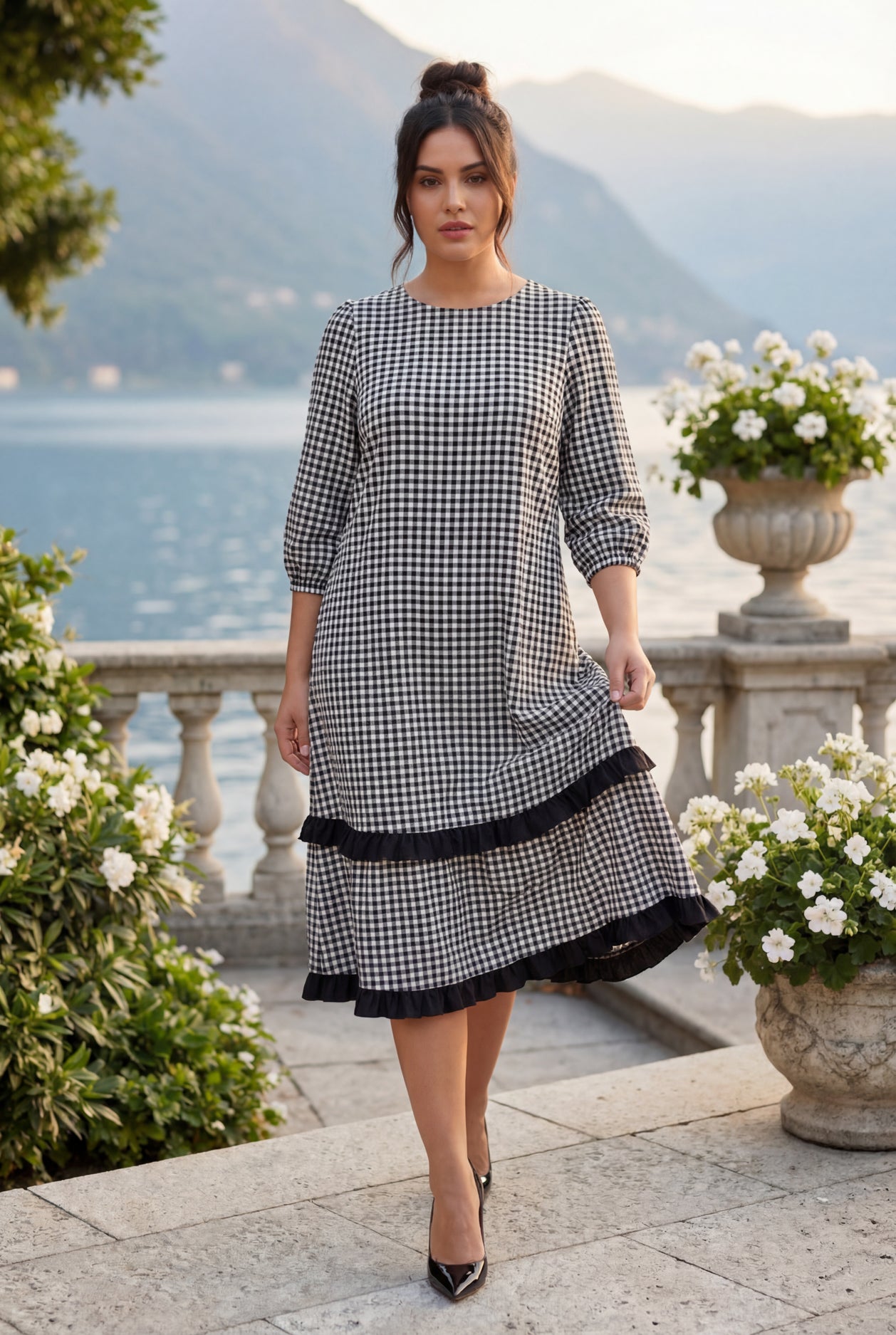 Model wearing Nuggles® Patricia Dress in Peppergrid
