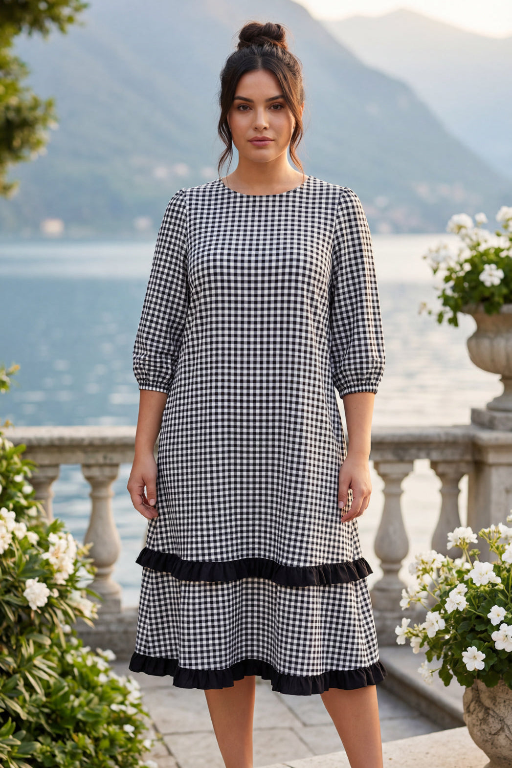 Model wearing Nuggles® Patricia Dress in Peppergrid