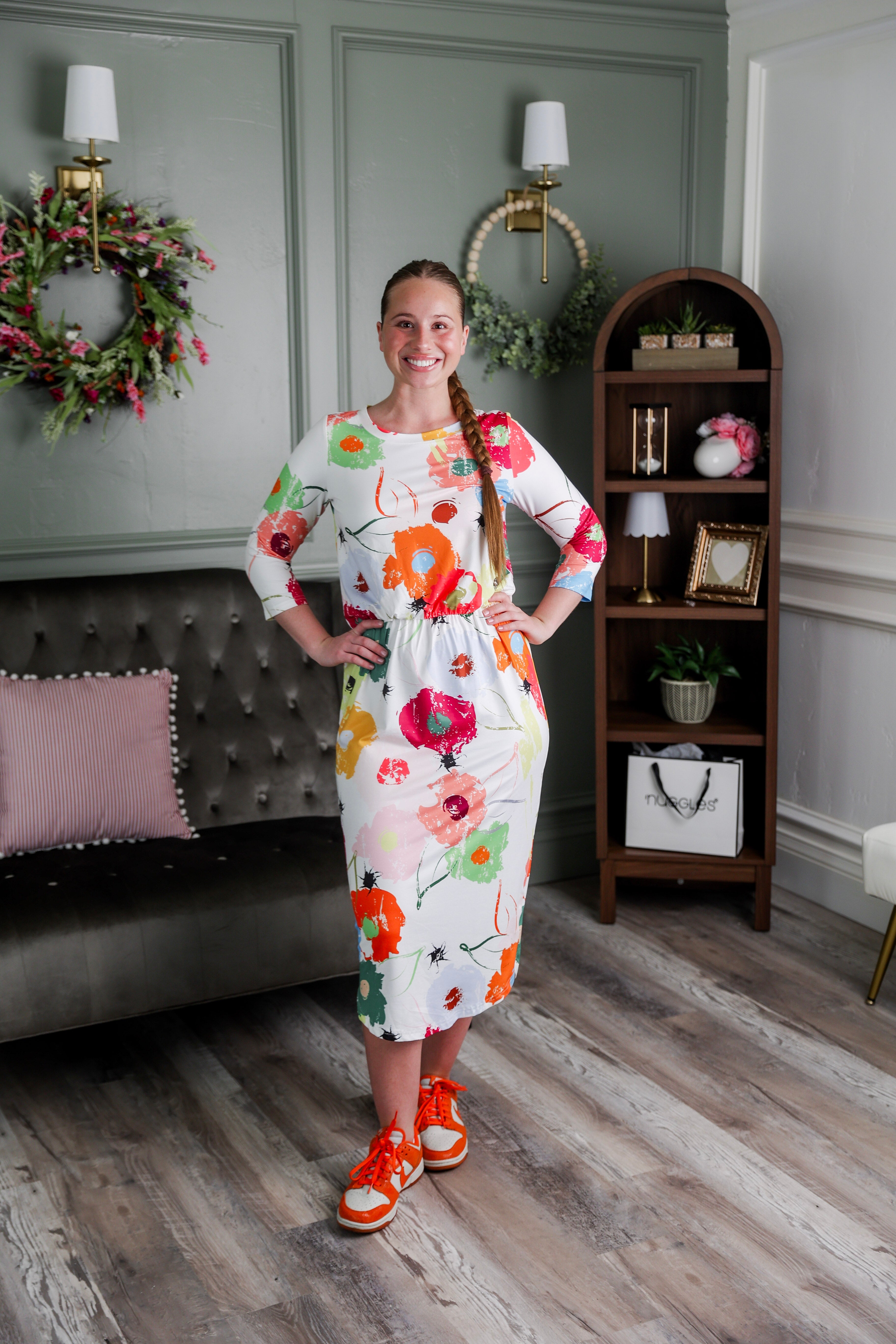 Model wearing Modest Nuggles® Harper Jane Dress in Party Blooms