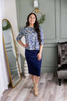 Model wearing the Nuggles® Lucia Top in Cottage Blue