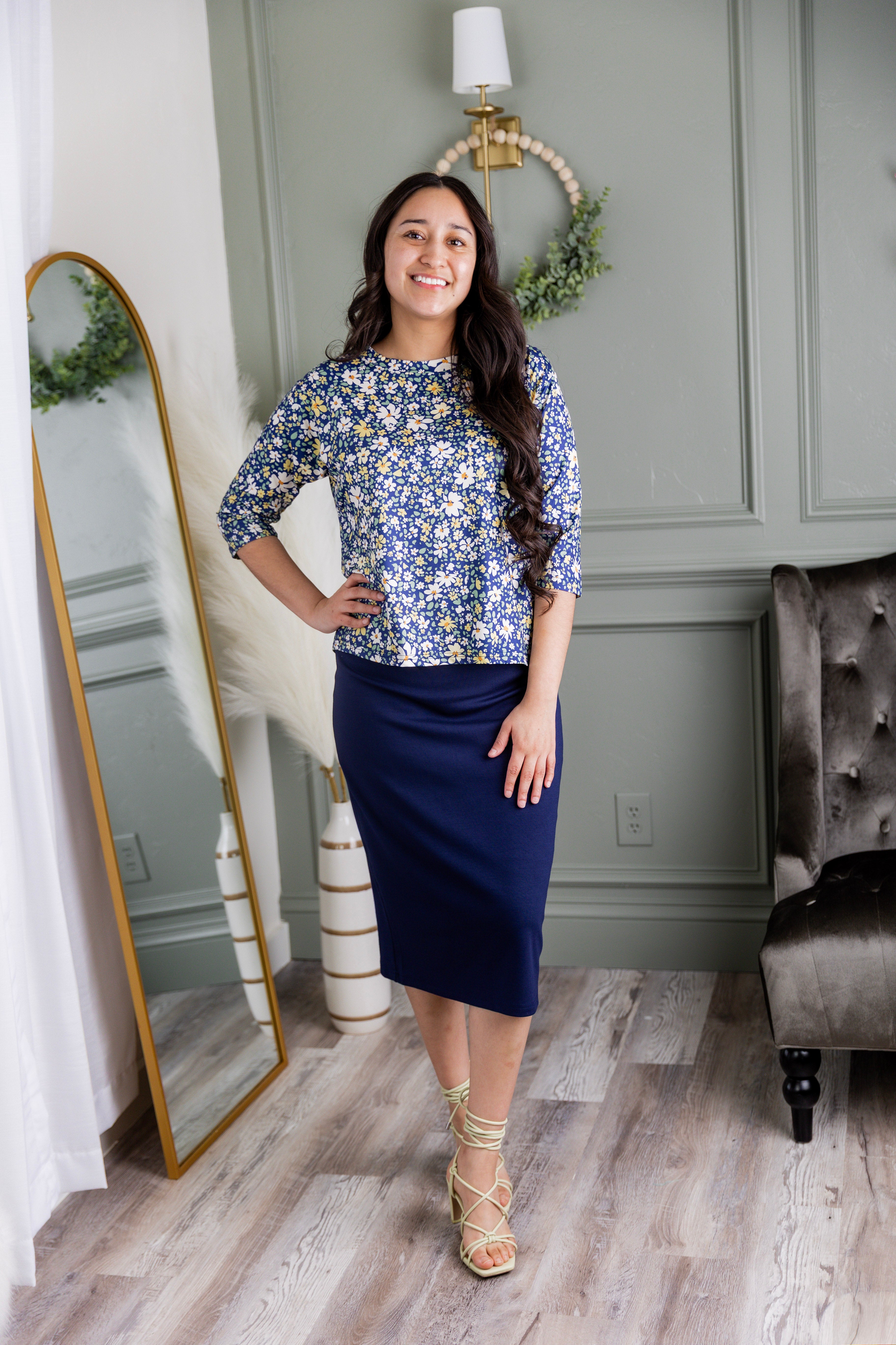 Model wearing the Nuggles® Lucia Top in Cottage Blue