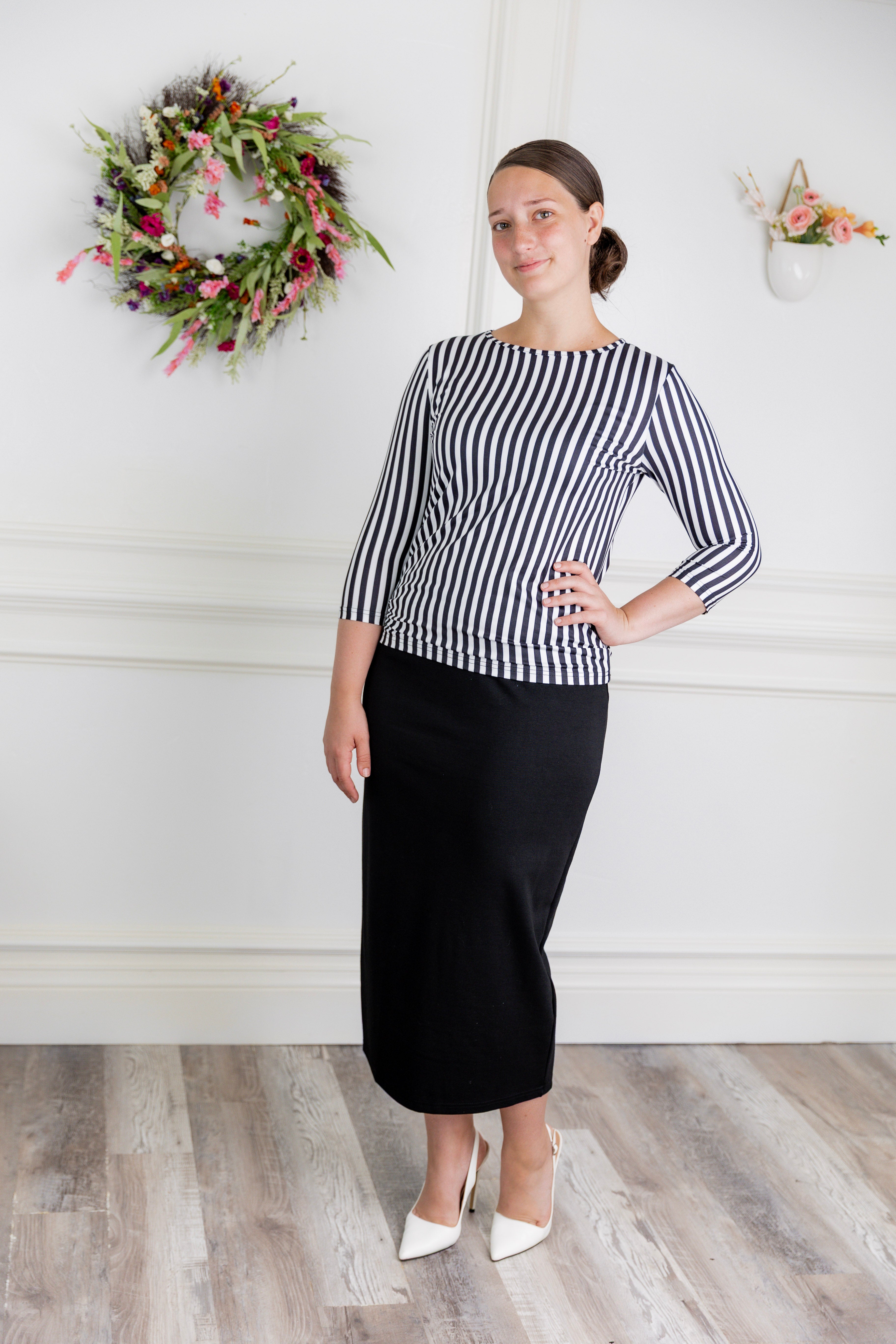 modest layering tee with 3/4 length sleeves prints