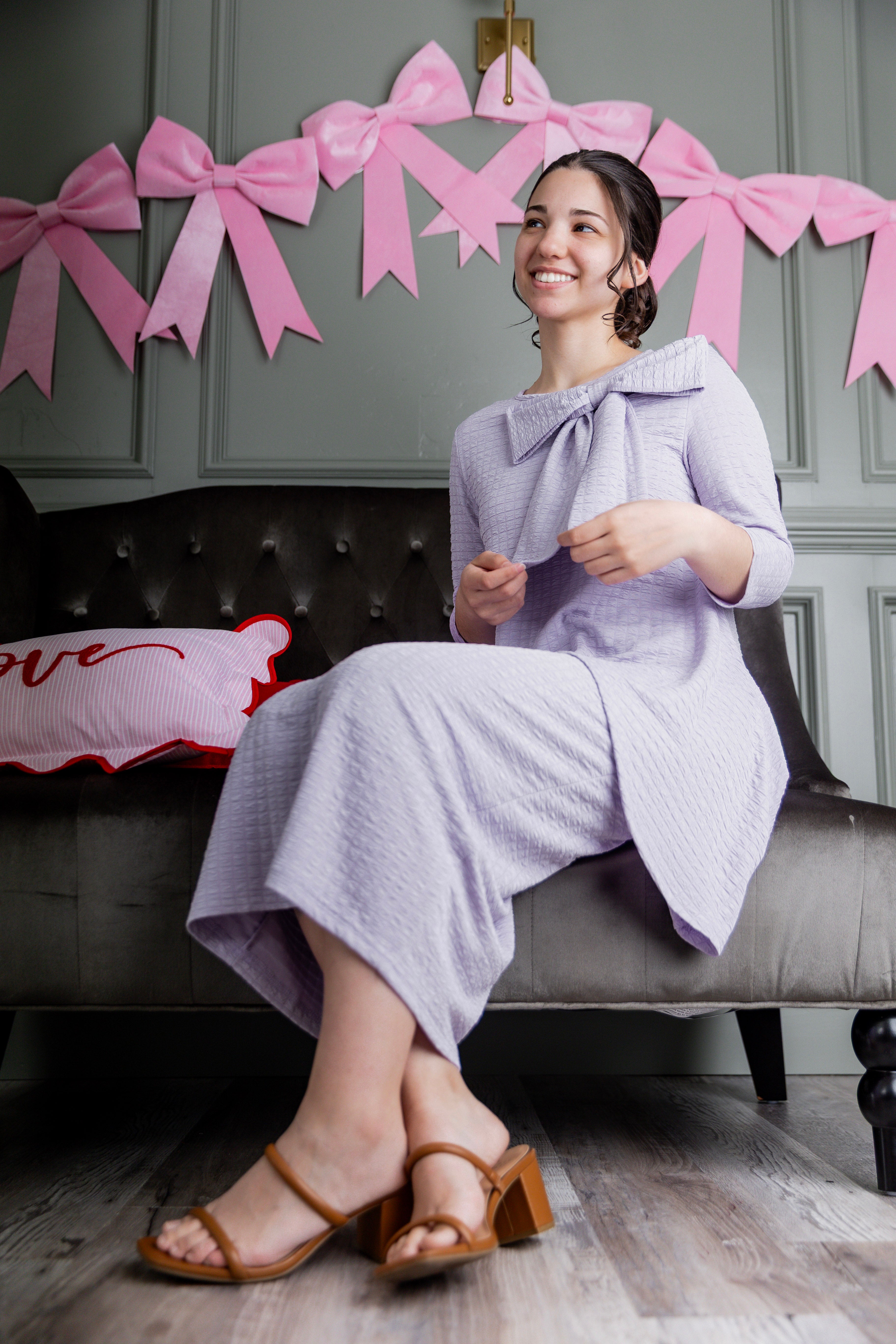 Model wearing Nuggles® Eleanor Top in Lilac