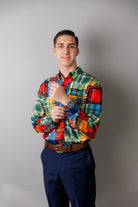 Model wearing Nuggles® Mens' Button Down Shirt Patch Plaid