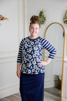 3/4 sleeve modest top contrasting prints