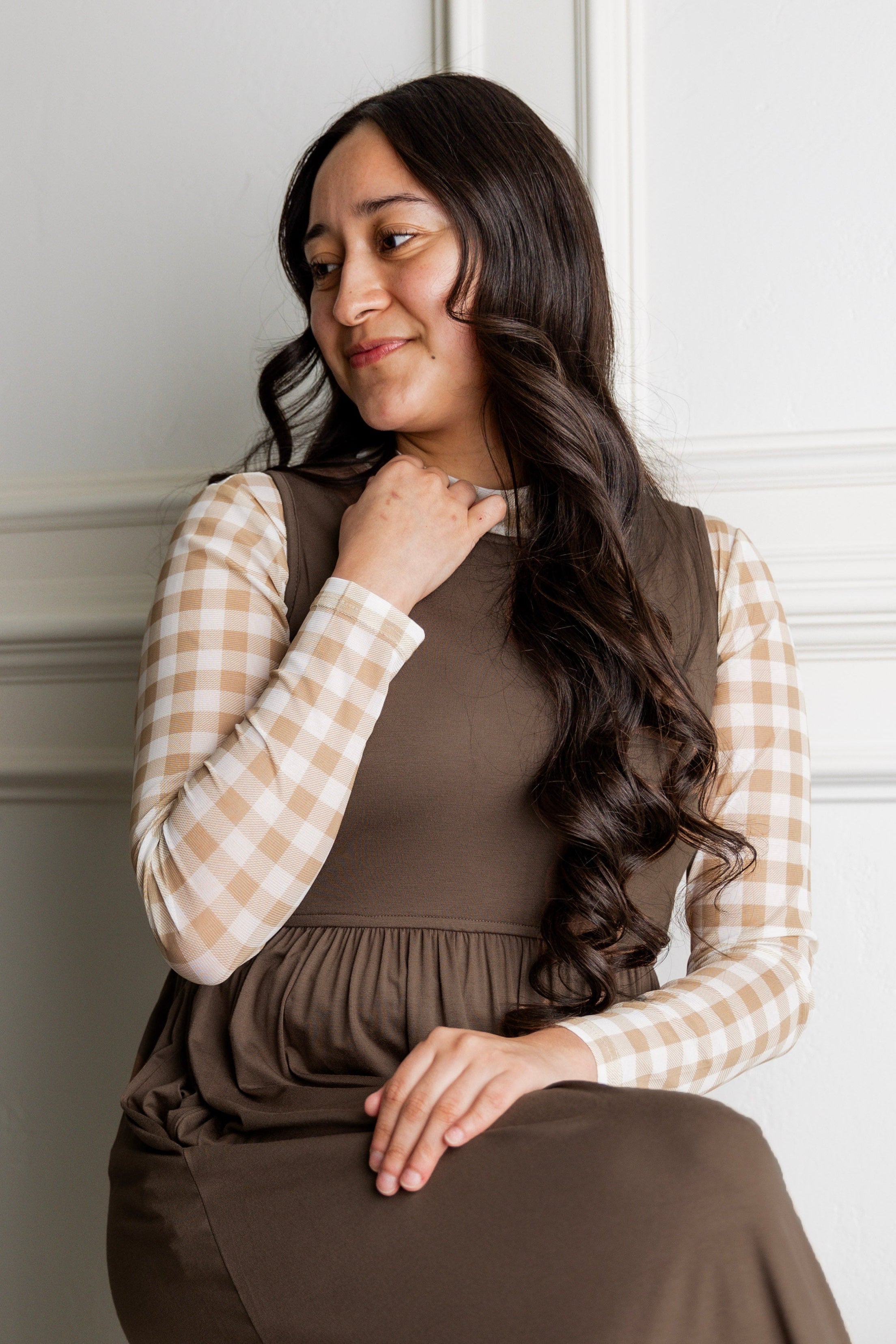 Model wearing the Nuggles® Riley Dress in Mocha Brown and Mesh Tee in Sugarcone Gingham