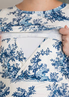Model wearing Nuggles® Nalani Nursing Dress in Bluebell Toile