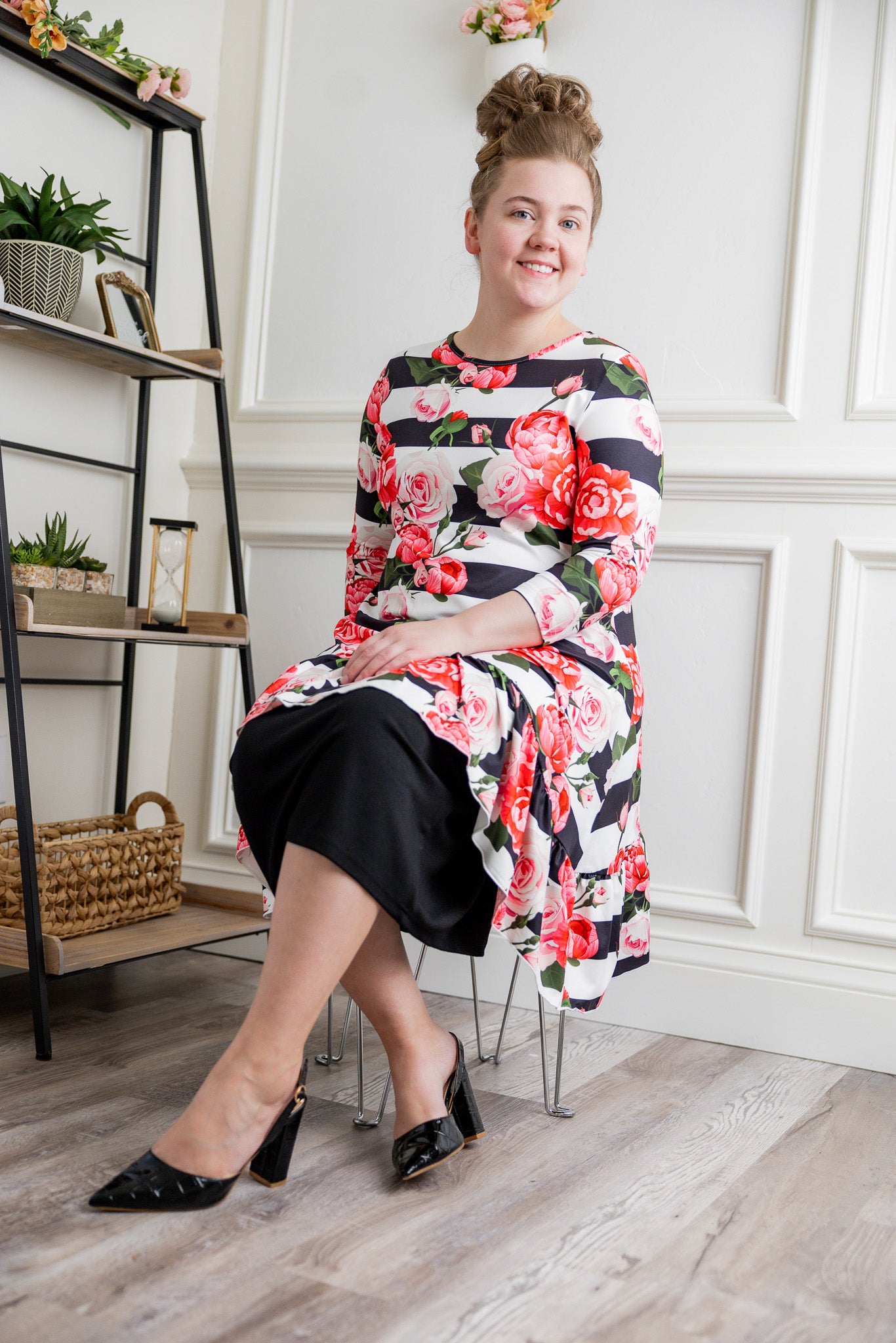Modest print tunic for women – Nuggles® Rose Top with high-low ruffle hem and 3/4 sleeves.